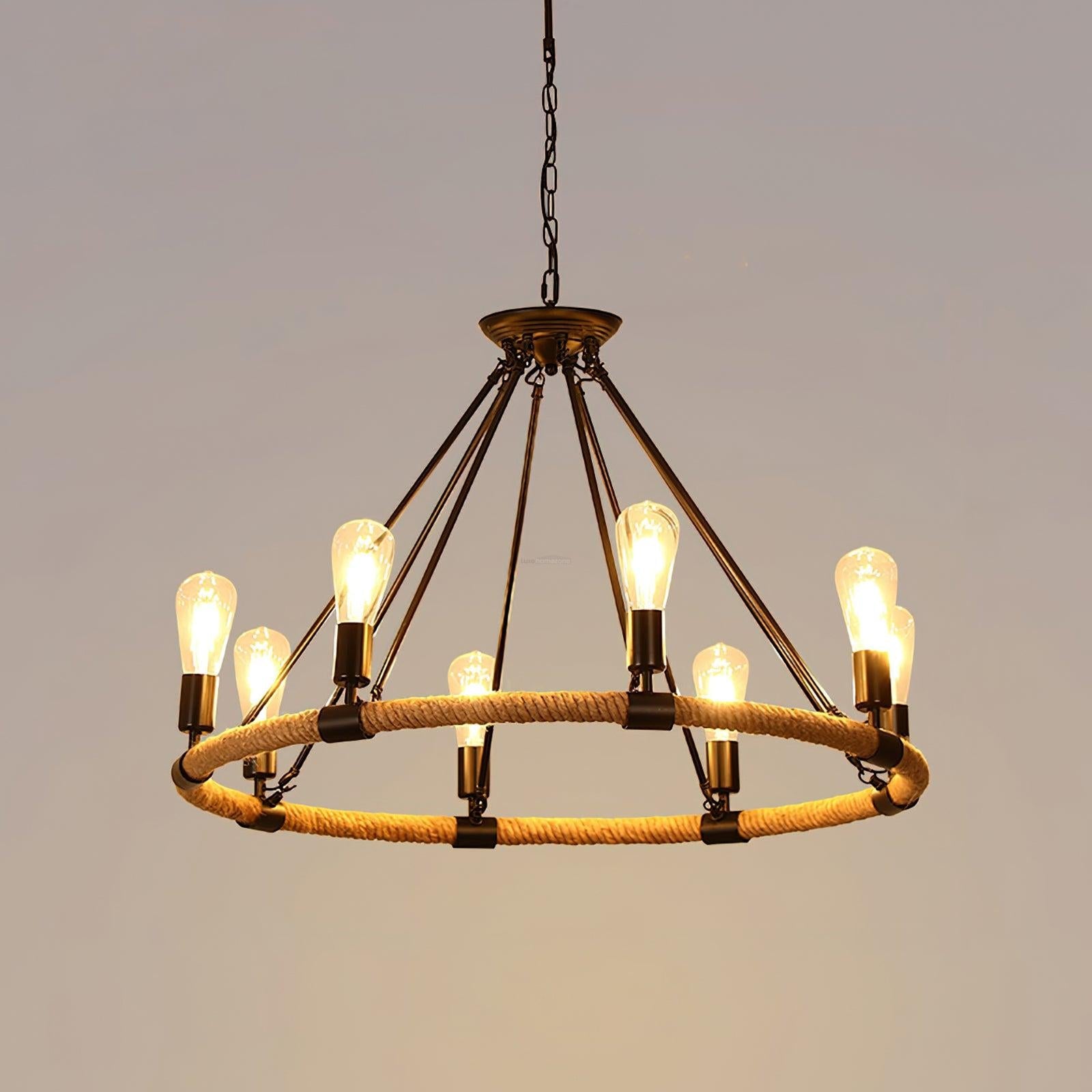 Hemp Rope Industrial Large Circle Chandelier ∅ 23.6″ - Candle-1-Luxehomezone