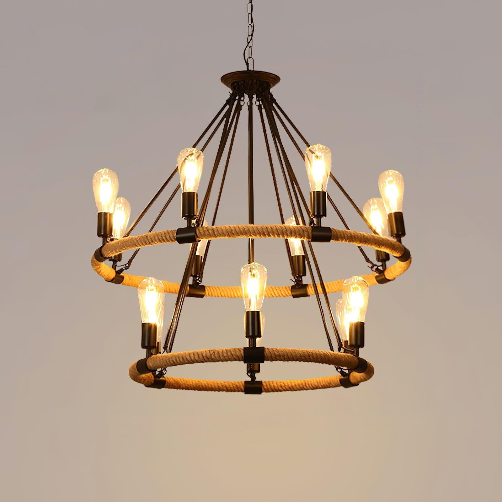 Hemp Rope Industrial Large Circle Chandelier ∅ 23.6″ - Candle-1-Luxehomezone