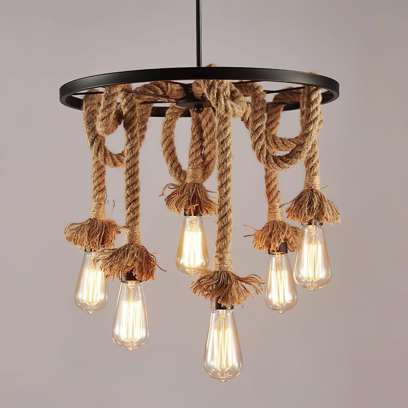 Hemp Rope Industrial Six Head Chandelier ∅ 19.7″ - Luxehomezone