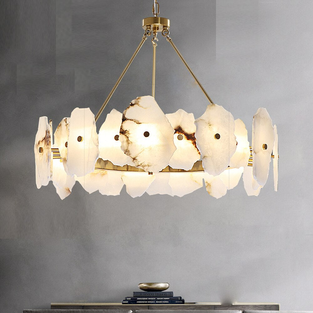 Meena Natural Alabaster Modern Round Chandelier - Alabaster, Alabaster lightings, Bedroom, brass, CCCC, Chandelier, Chandeliers, Dining & Kitchen, Dining Room, Hotel, Living Room, metal, Modern, Restaurant, Round-1-Luxehomezone