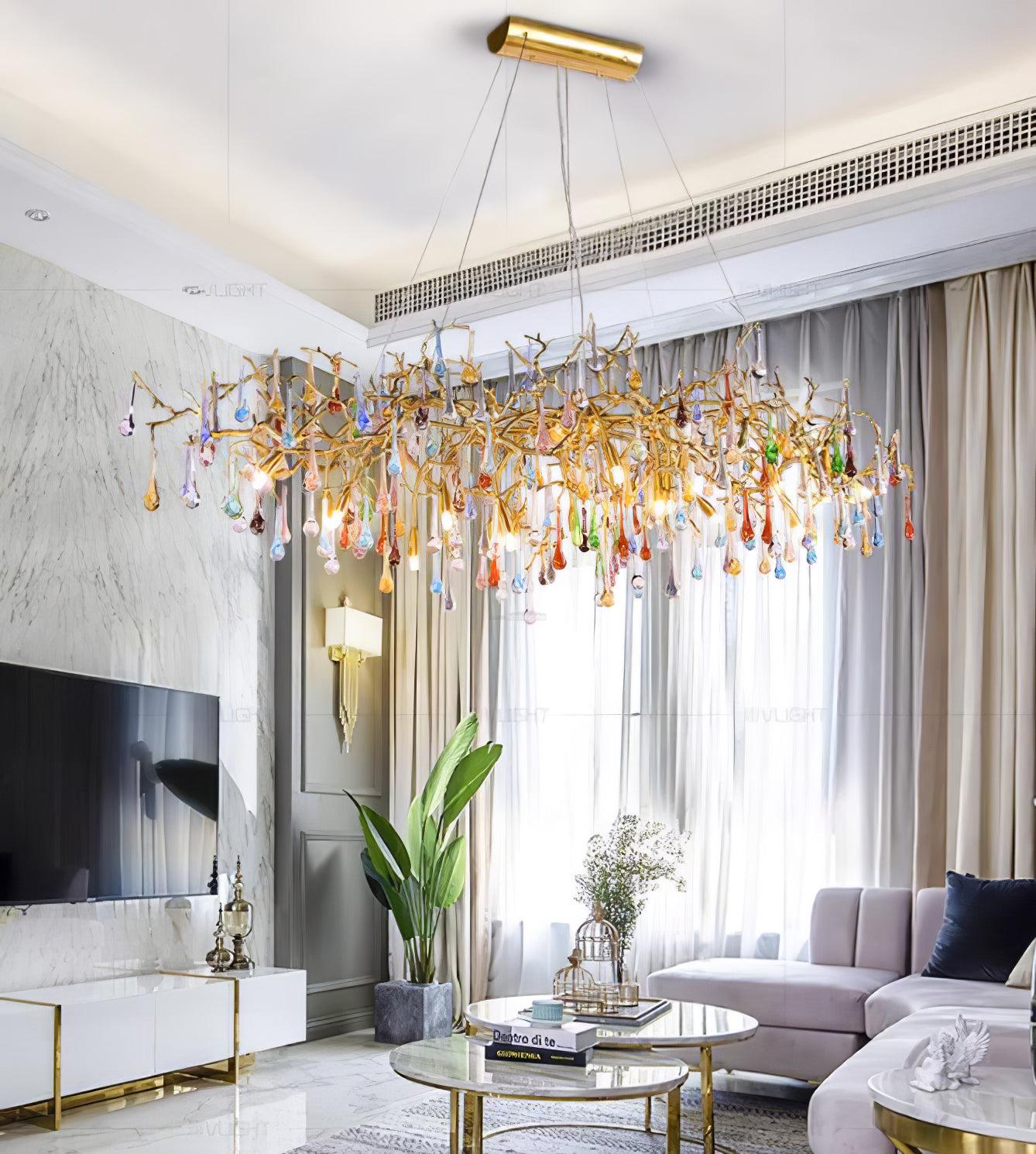 Colorful Teardrop Brass Branch Chandelier - Branch, Crystals-1-Luxehomezone