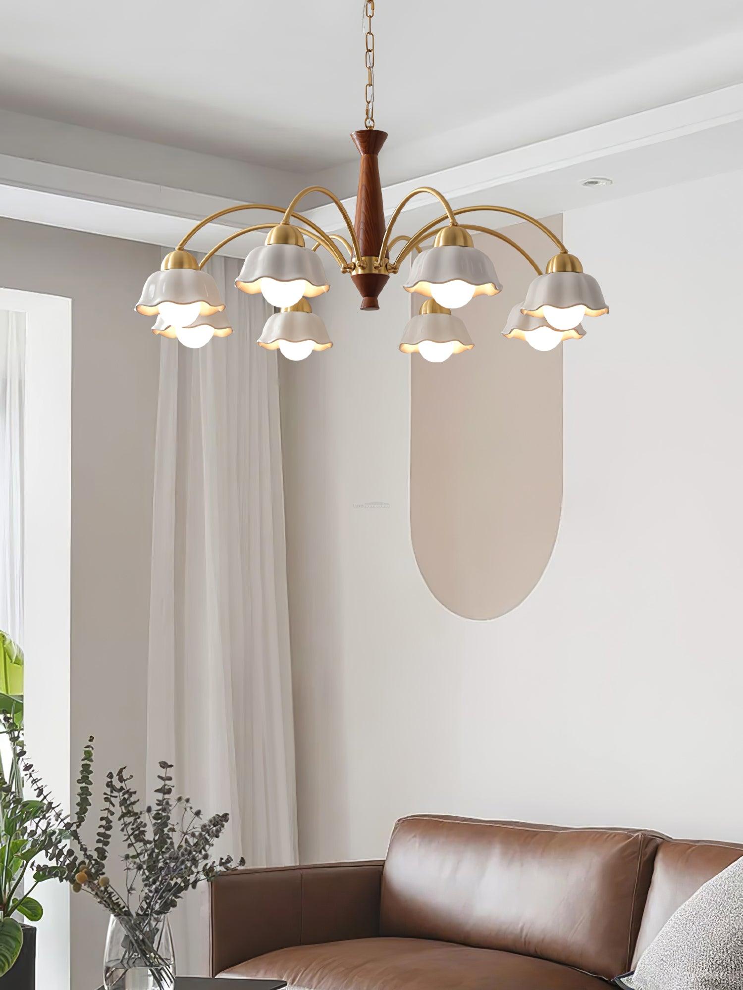 Swedish Modern Brass Chandelier with 3/5/6/8 heads - Flower Ceramic, Optimized-1-Luxehomezone