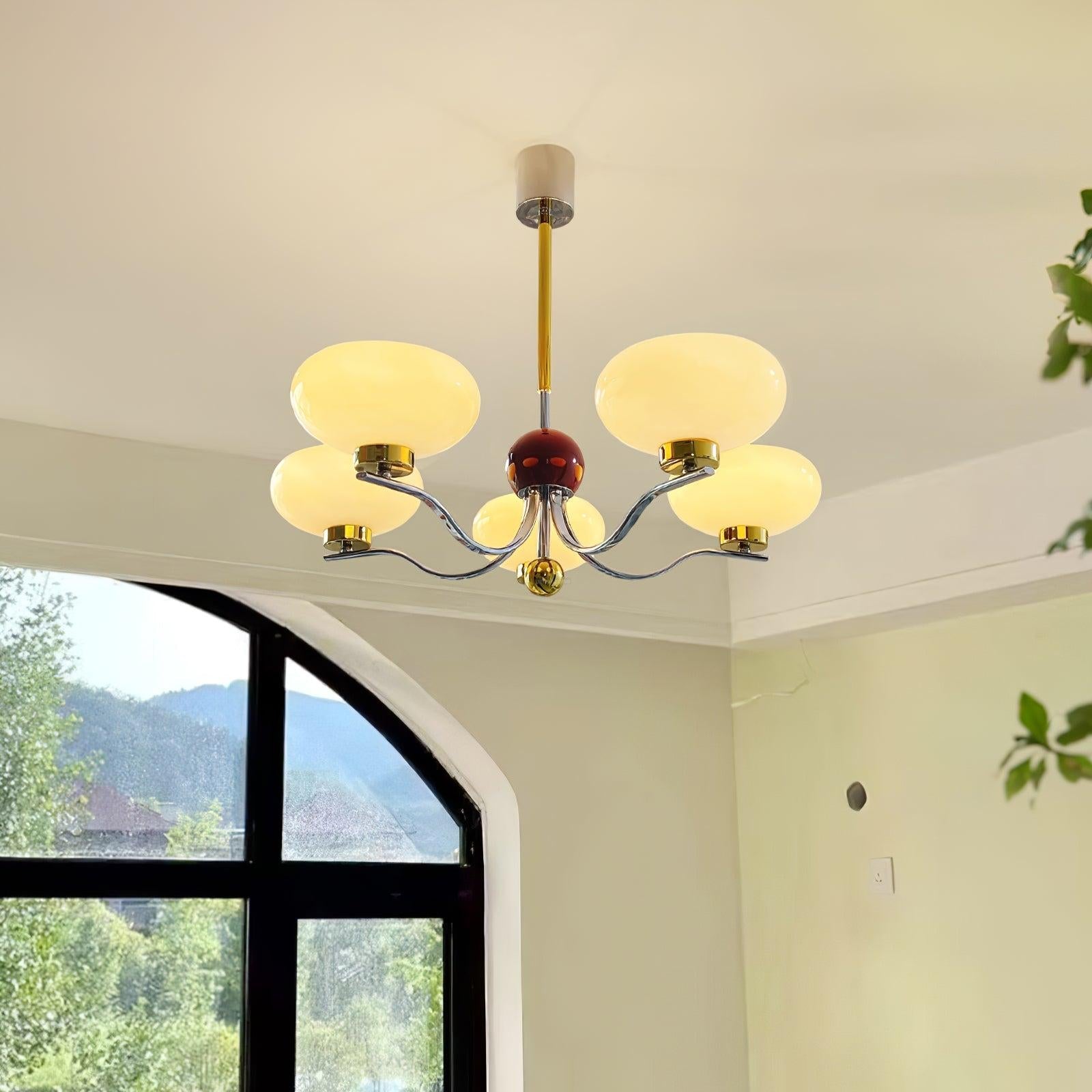 Medieval Glass Bowl Chandelier with 3/5 heads - Bend, Chrome & Gold & Creamy yellow, Chrome & Gold & Milk white, Marshmallow Chandelier-1-Luxehomezone