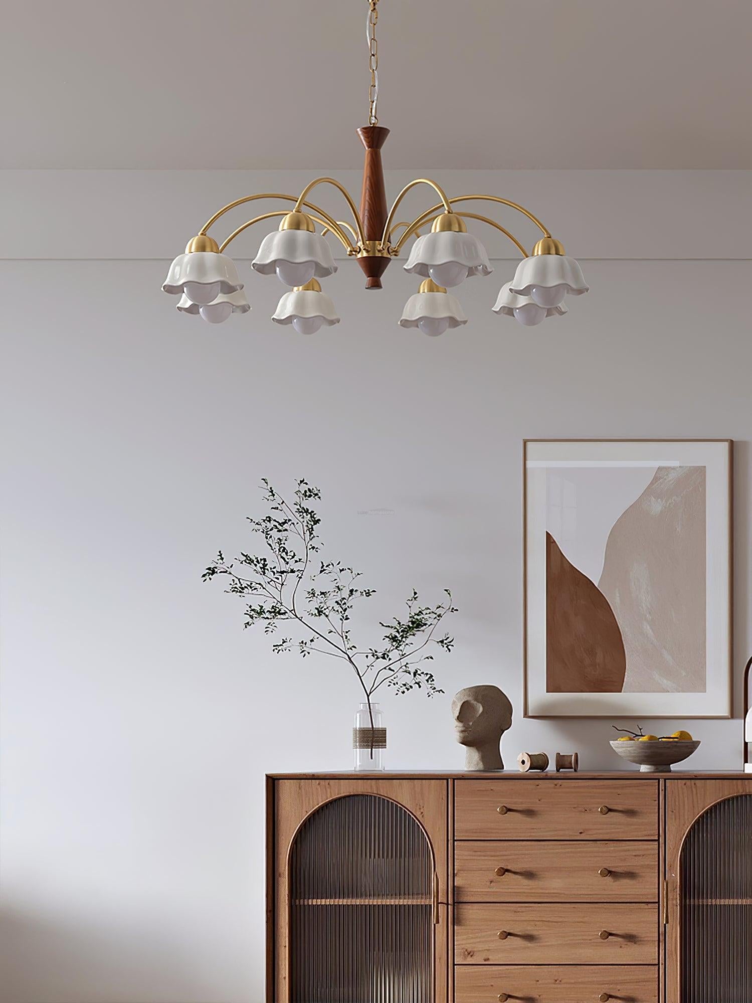 Swedish Modern Brass Chandelier with 3/5/6/8 heads - Flower Ceramic, Optimized-1-Luxehomezone