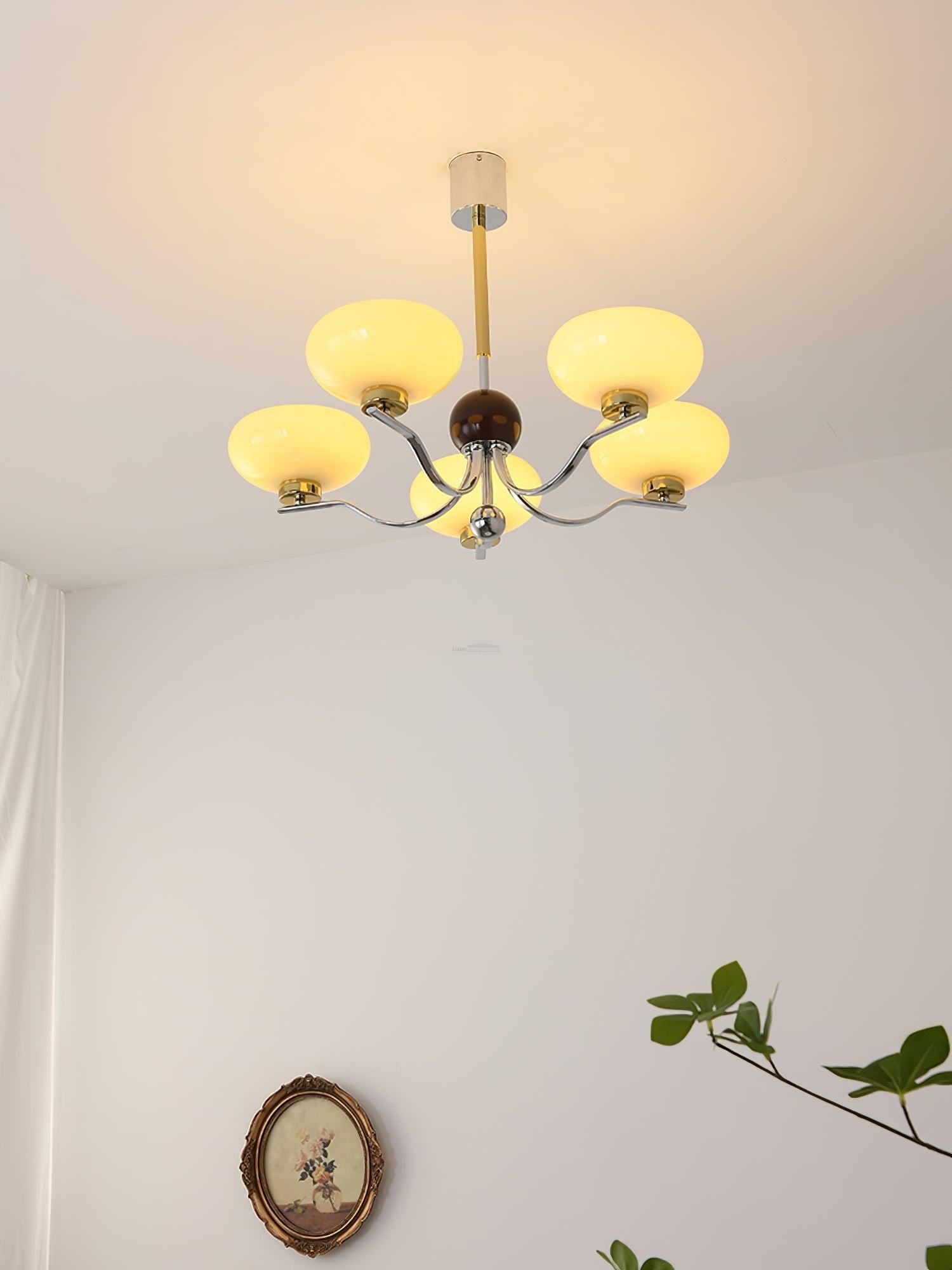 Medieval Glass Bowl Chandelier with 3/5 heads - Bend, Chrome & Gold & Creamy yellow, Chrome & Gold & Milk white, Marshmallow Chandelier-1-Luxehomezone