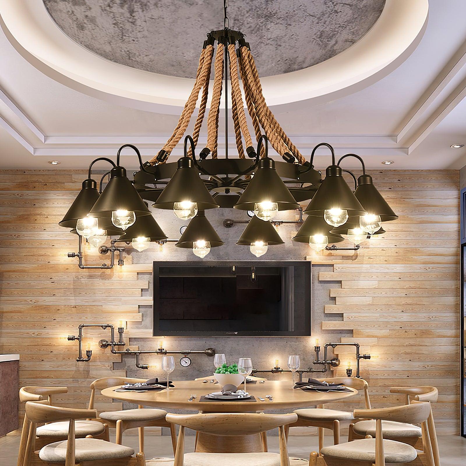 Hemp Rope Industrial Horn Chandelier with 6/8/12/16 heads - Hemp Rope-1-Luxehomezone