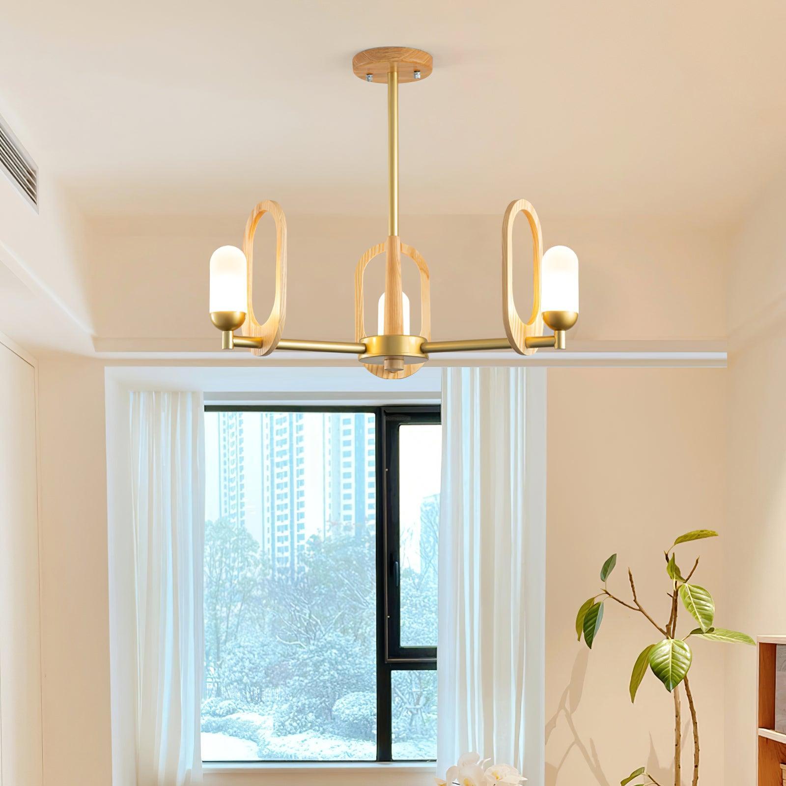 Wood Art Halo Chandelier with 3/5 heads - Wood, Wood Color & Gold-1-Luxehomezone