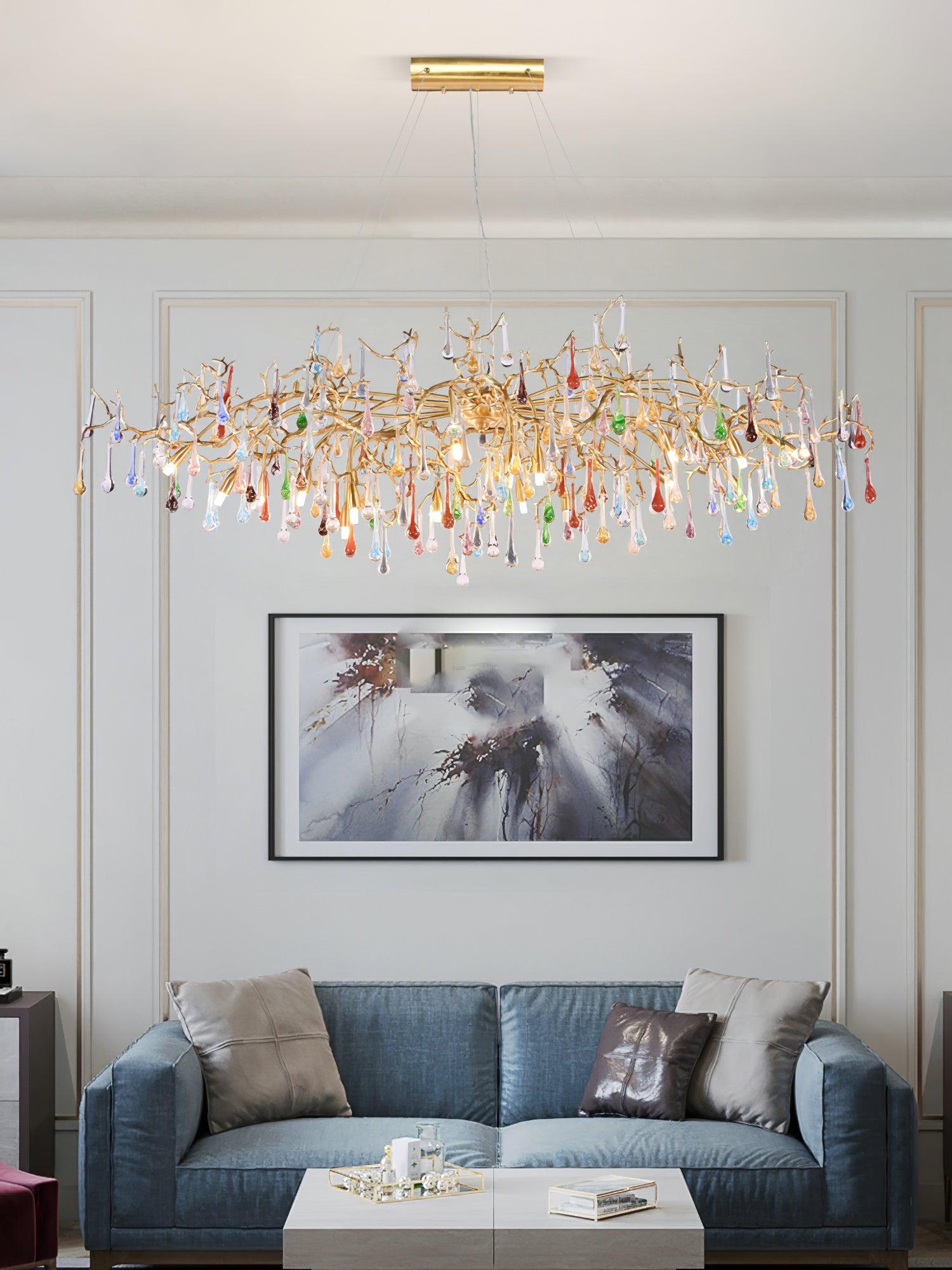 Colorful Teardrop Brass Branch Chandelier - Branch, Crystals-1-Luxehomezone