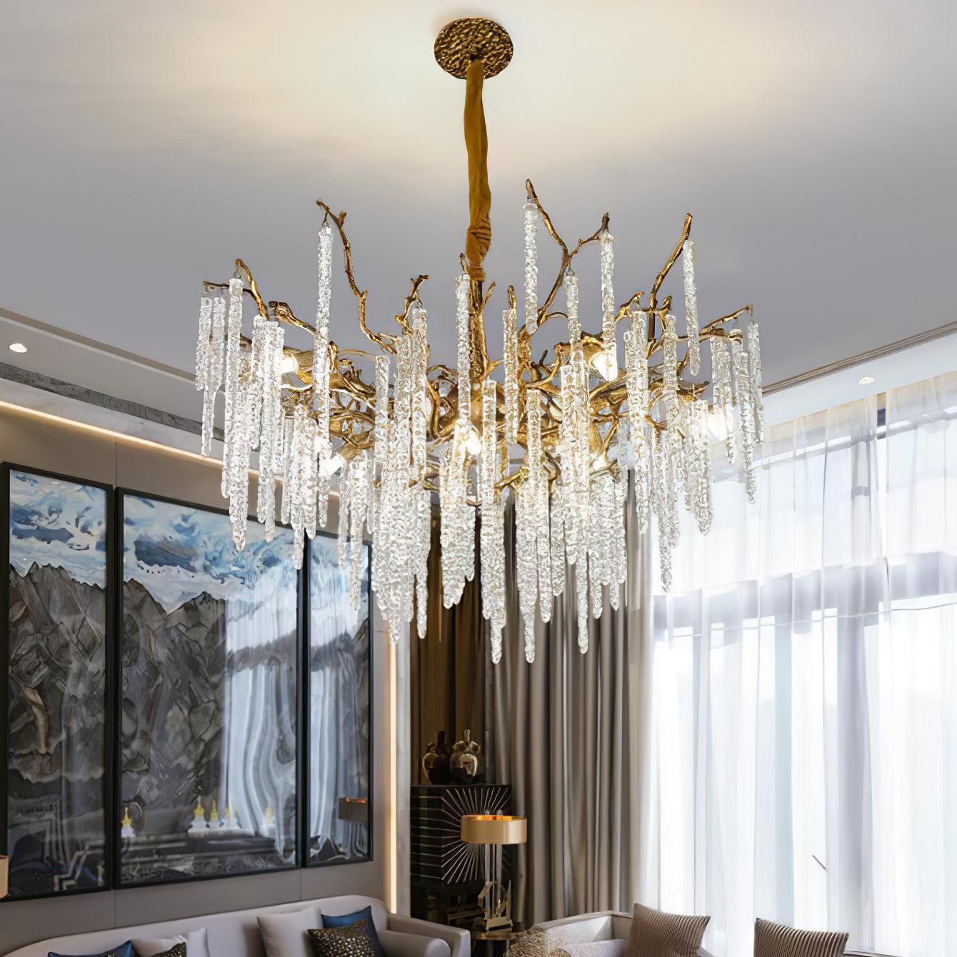 Crystal Icicles Branch Type Brass Chandelier - Branch, Crystals-1-Luxehomezone