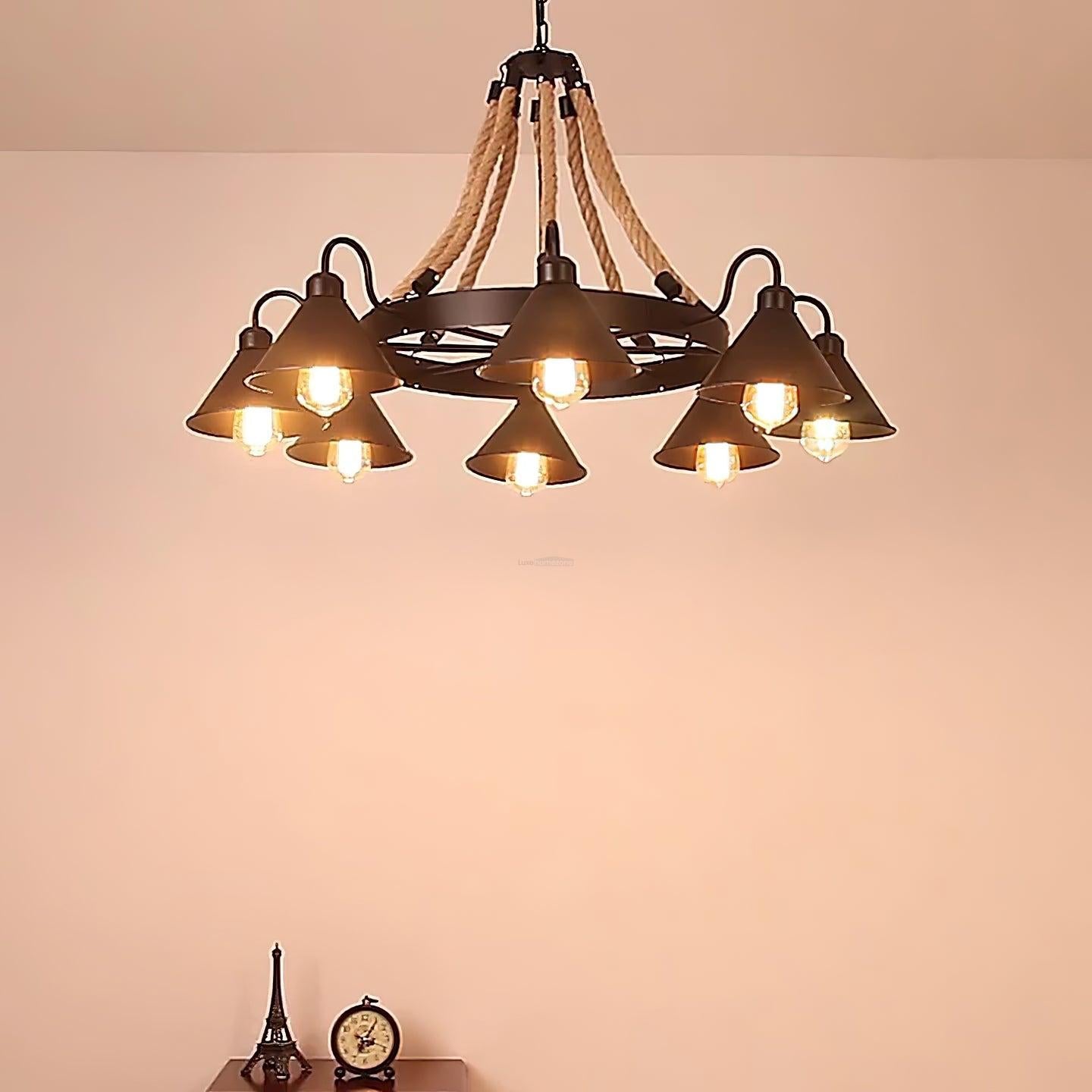Hemp Rope Industrial Horn Chandelier with 6/8/12/16 heads - Hemp Rope-1-Luxehomezone