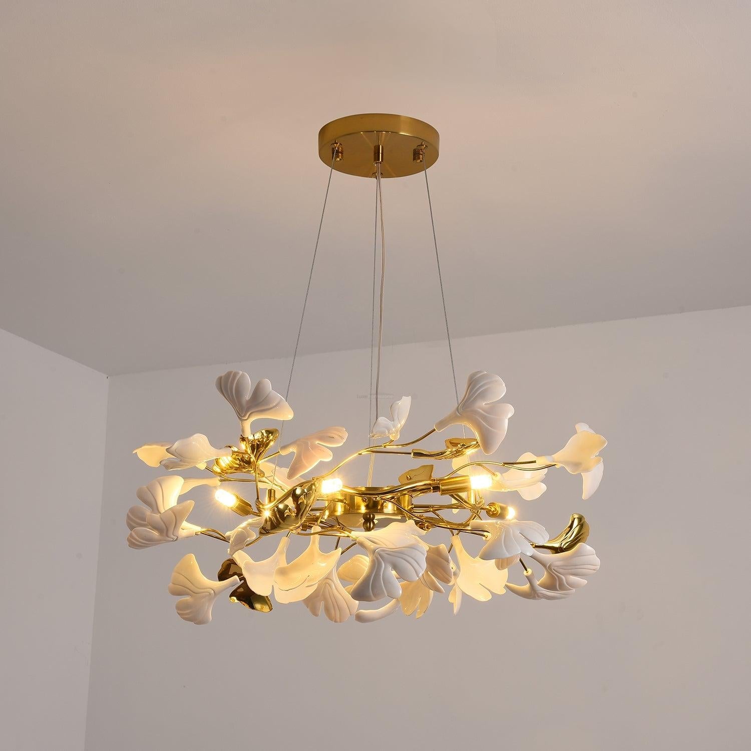 Gingko Chandelier Style P - Gingko, Gingko Chandelier, Gold & White-1-Luxehomezone