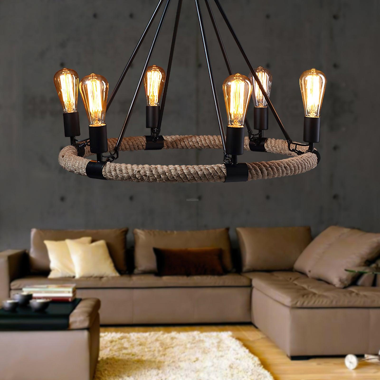 Hemp Rope Industrial Large Circle Chandelier ∅ 23.6″ - Candle-1-Luxehomezone