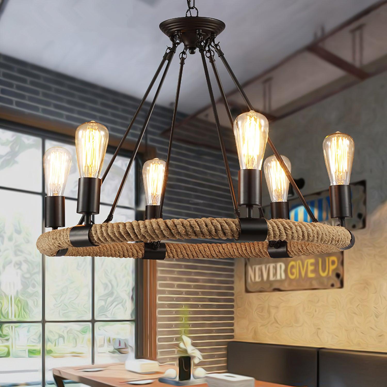 Hemp Rope Industrial Large Circle Chandelier ∅ 23.6″ - Candle-1-Luxehomezone