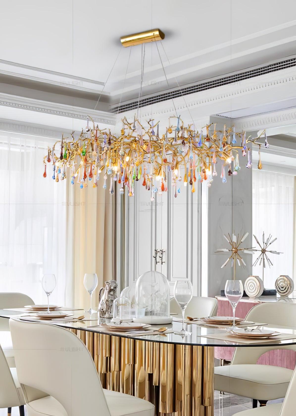 Colorful Teardrop Brass Branch Chandelier - Branch, Crystals-1-Luxehomezone