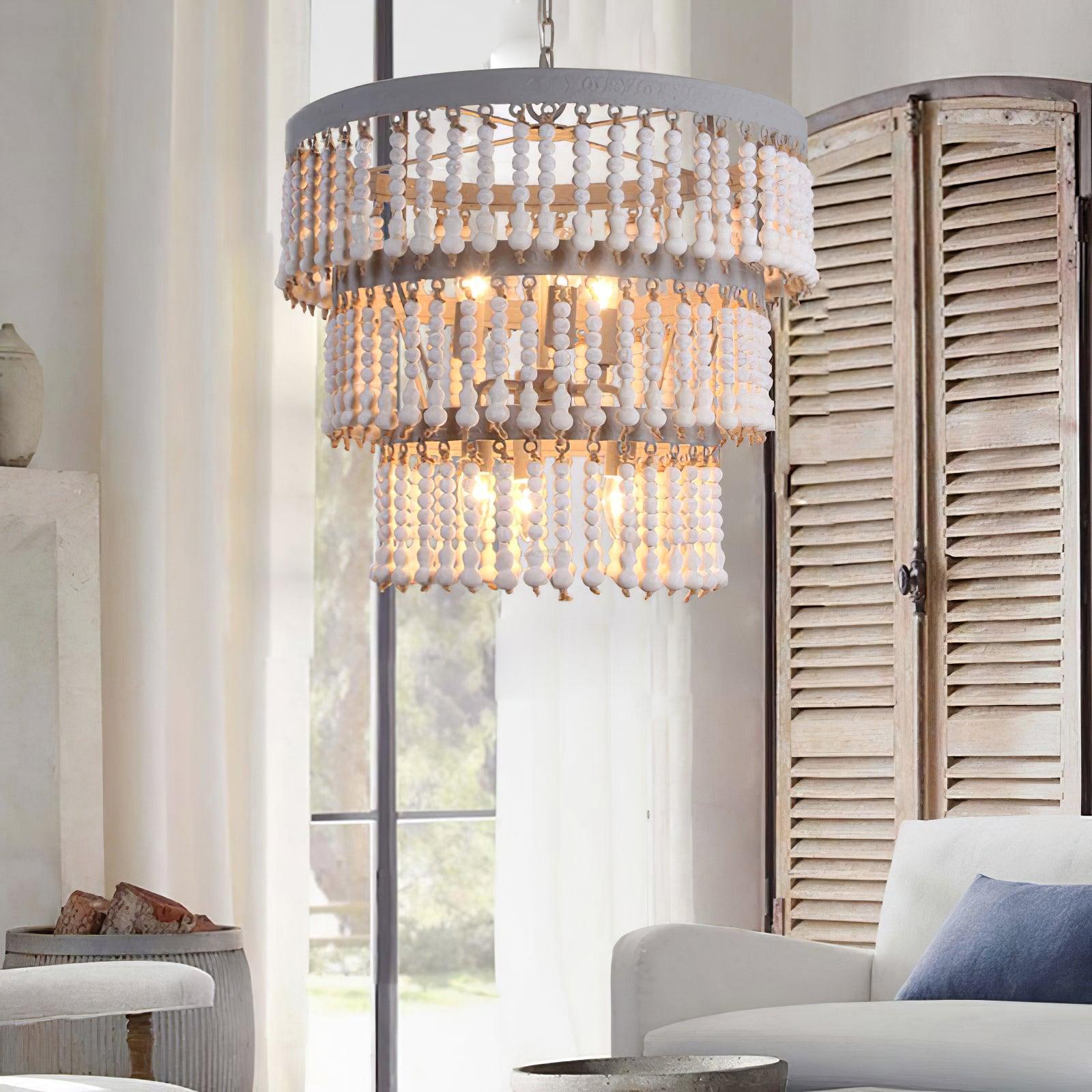 Three Tiered Wood Beaded Chandelier Φ 21.7″ - Wooden Beads-1-Luxehomezone