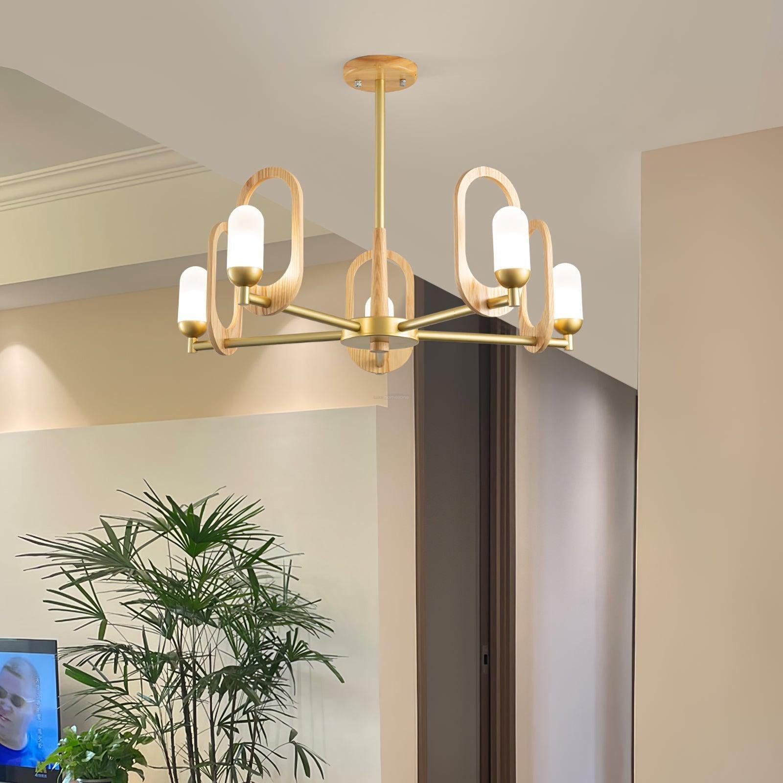 Wood Art Halo Chandelier with 3/5 heads - Wood, Wood Color & Gold-1-Luxehomezone