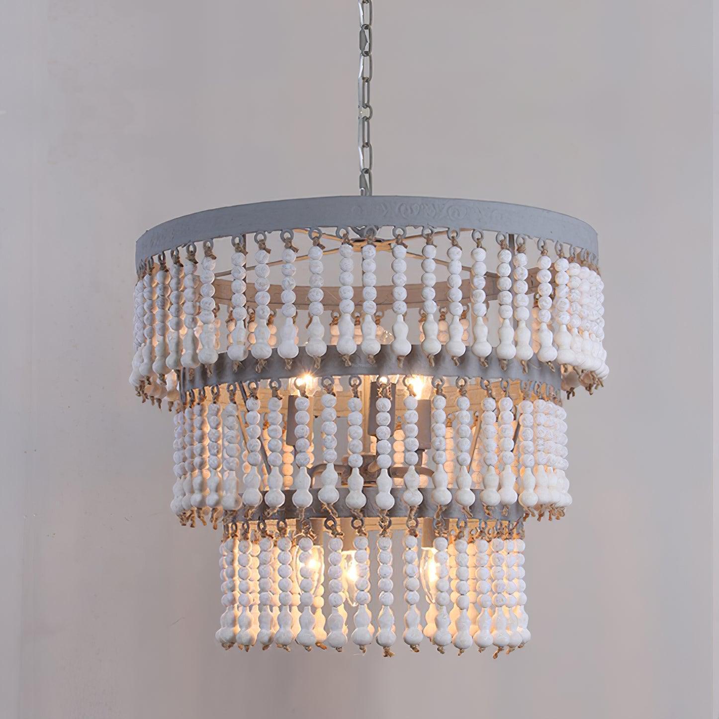 Three Tiered Wood Beaded Chandelier Φ 21.7″ - Wooden Beads-1-Luxehomezone