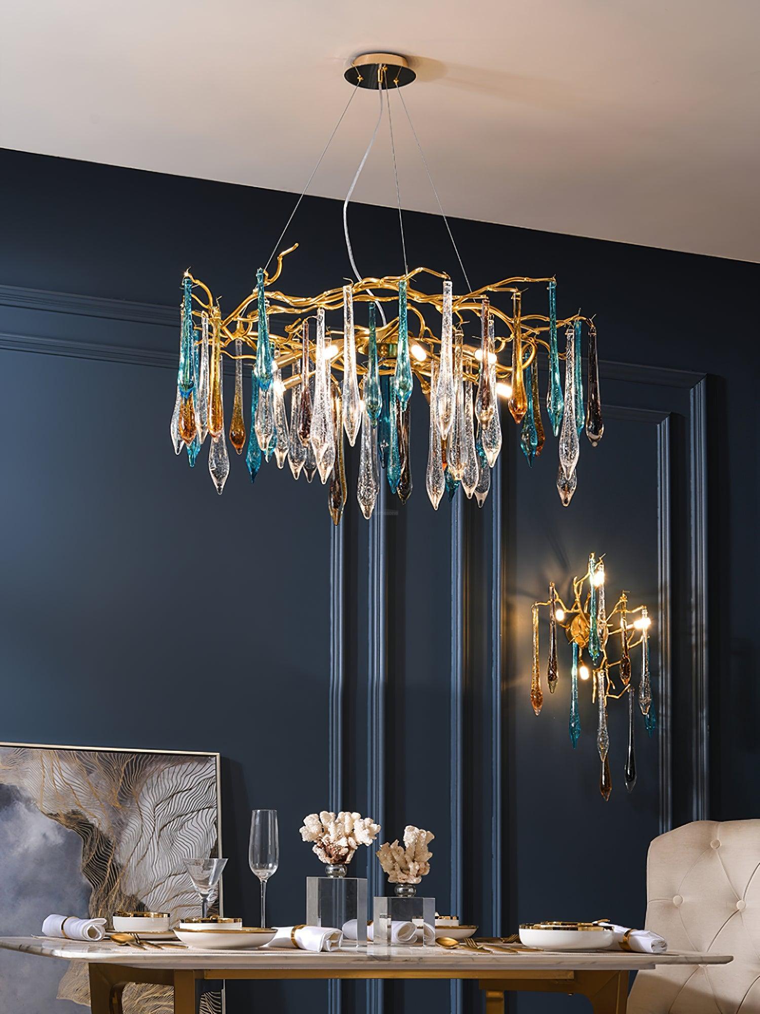 Gold Round Teardrop Style Chandelier - Branch, Crystals-1-Luxehomezone