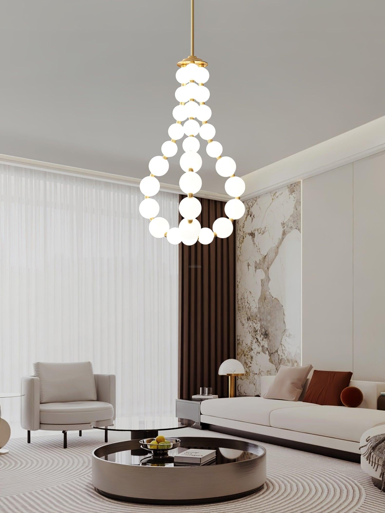 Acrylic Pearl Necklace Style Chandelier - Brass & White, Cluster-1-Luxehomezone