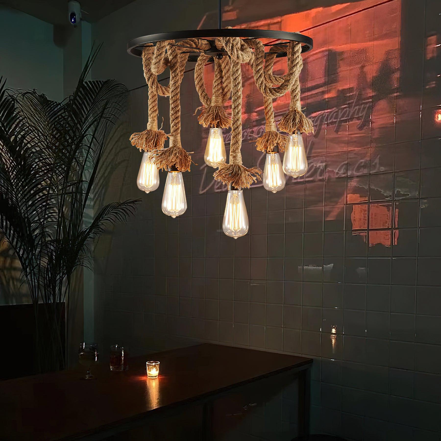 Hemp Rope Industrial Six Head Chandelier ∅ 19.7″ - Luxehomezone
