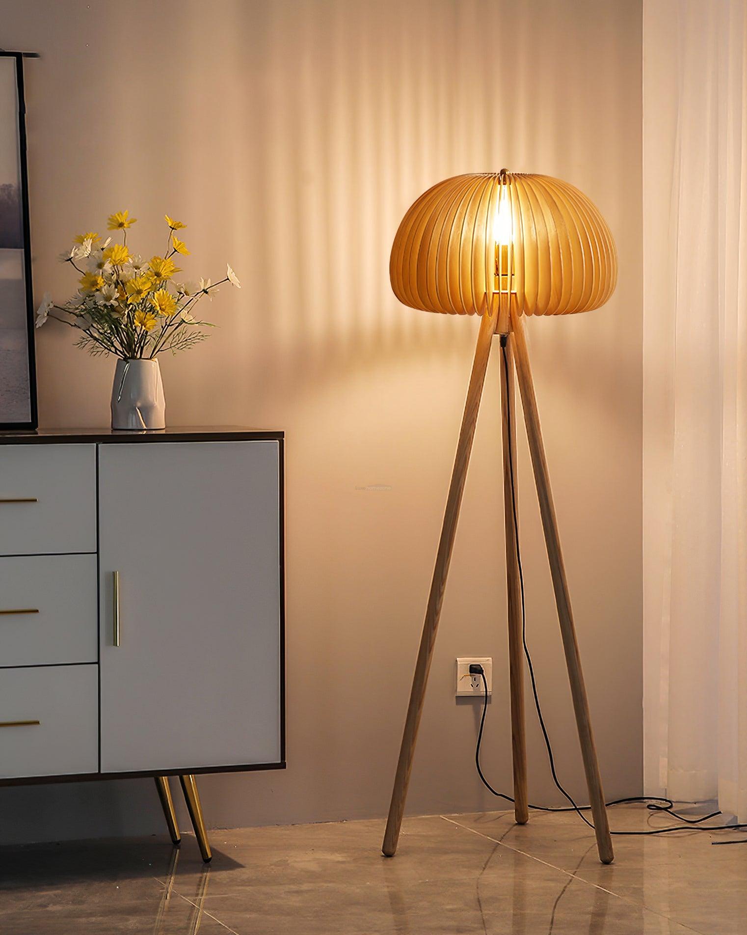 Wooden Pumpkin Floor Lamp  ∅ 17.7″ - Wood-1-Luxehomezone