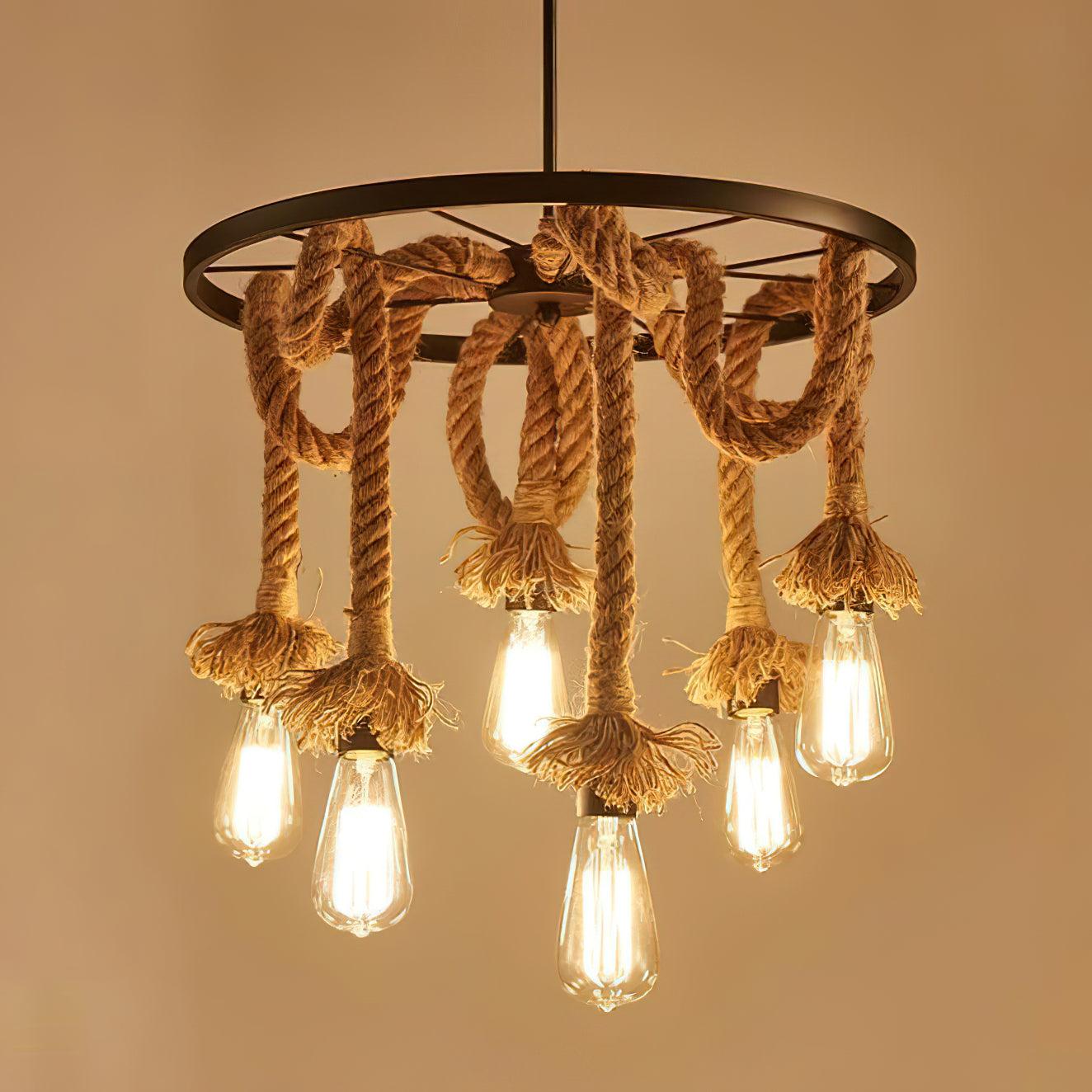 Hemp Rope Industrial Six Head Chandelier ∅ 19.7″ - Luxehomezone