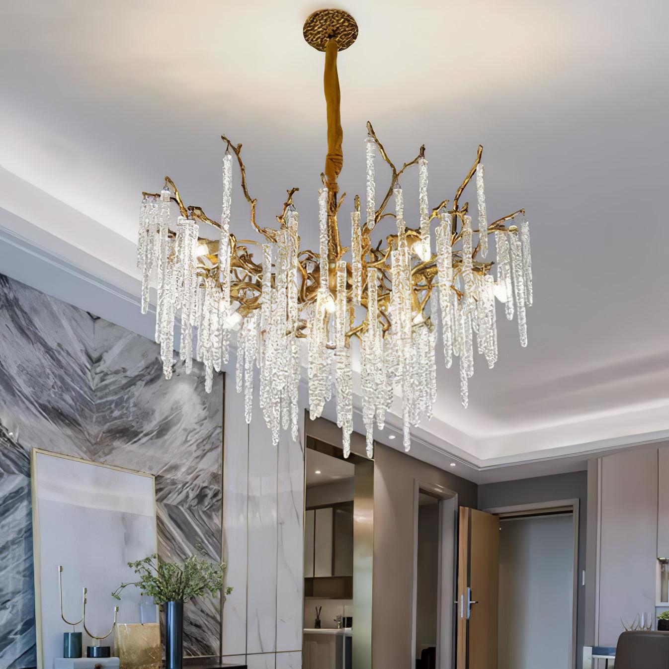 Crystal Icicles Branch Type Brass Chandelier
