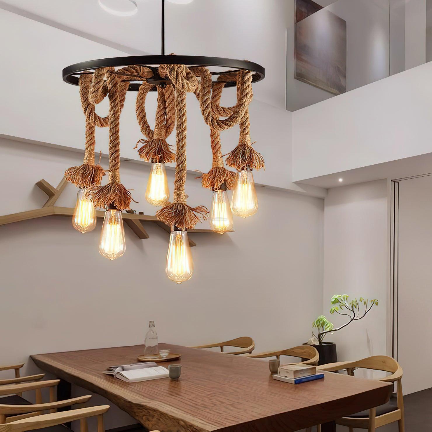 Hemp Rope Industrial Six Head Chandelier ∅ 19.7″ - Luxehomezone