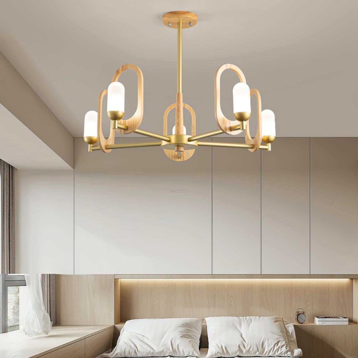 Wood Art Halo Chandelier with 3/5 heads - Wood, Wood Color & Gold-1-Luxehomezone