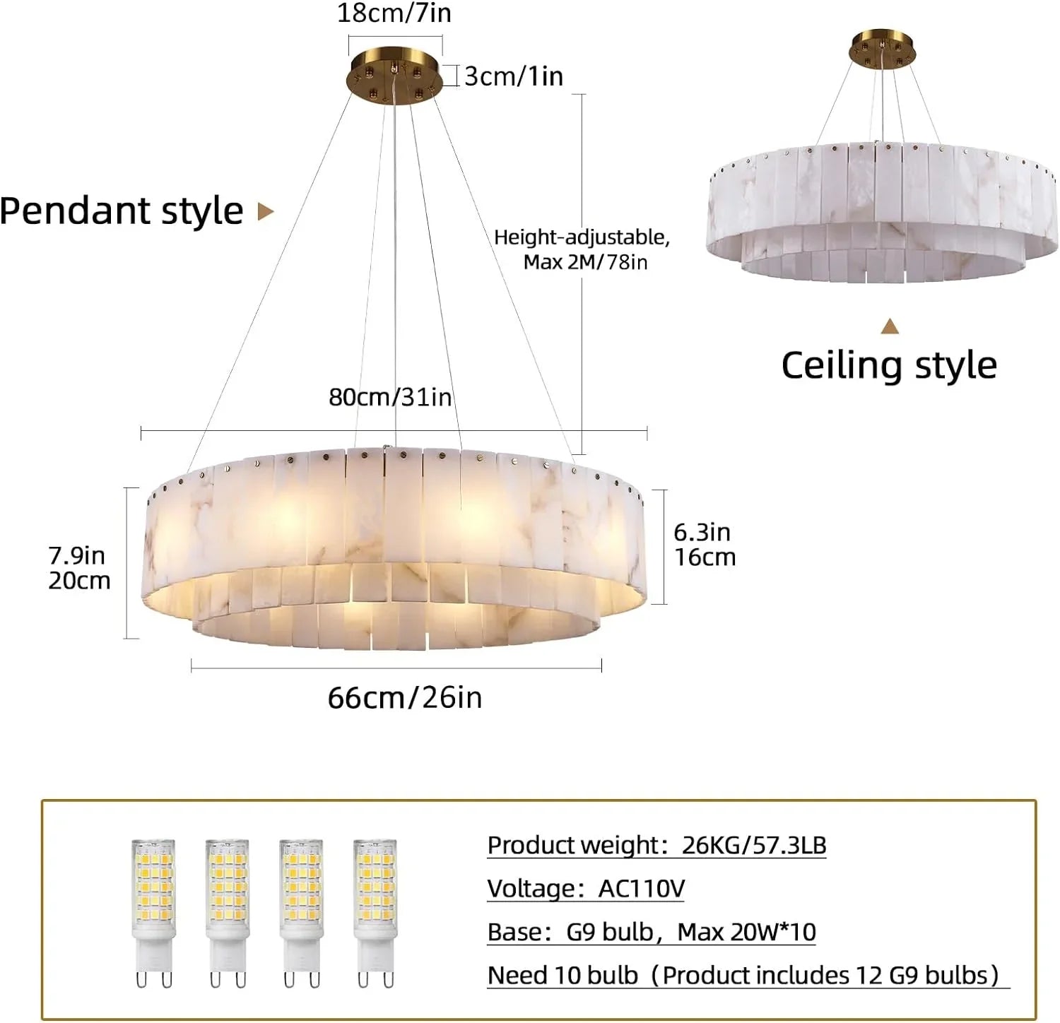 Celine Alabaster Round Chandelier 31" Fast Shipping