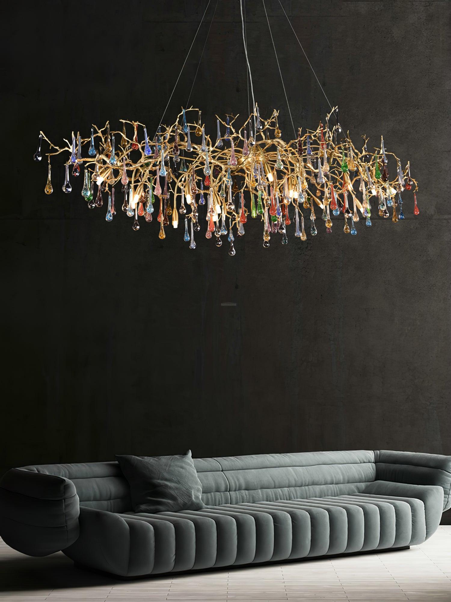 Colorful Teardrop Brass Branch Chandelier - Branch, Crystals-1-Luxehomezone