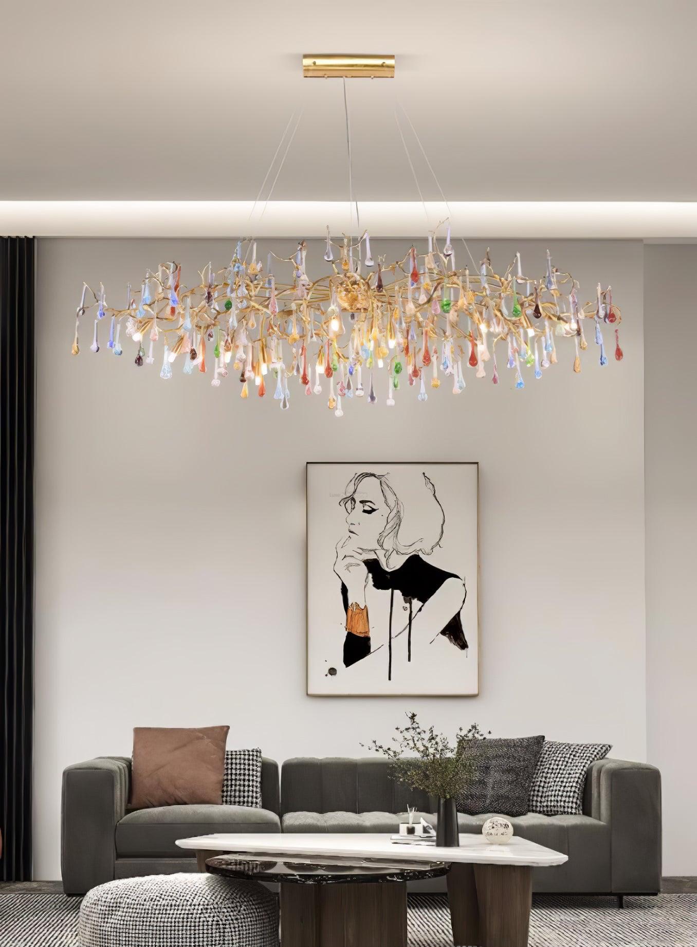 Colorful Teardrop Brass Branch Chandelier - Branch, Crystals-1-Luxehomezone