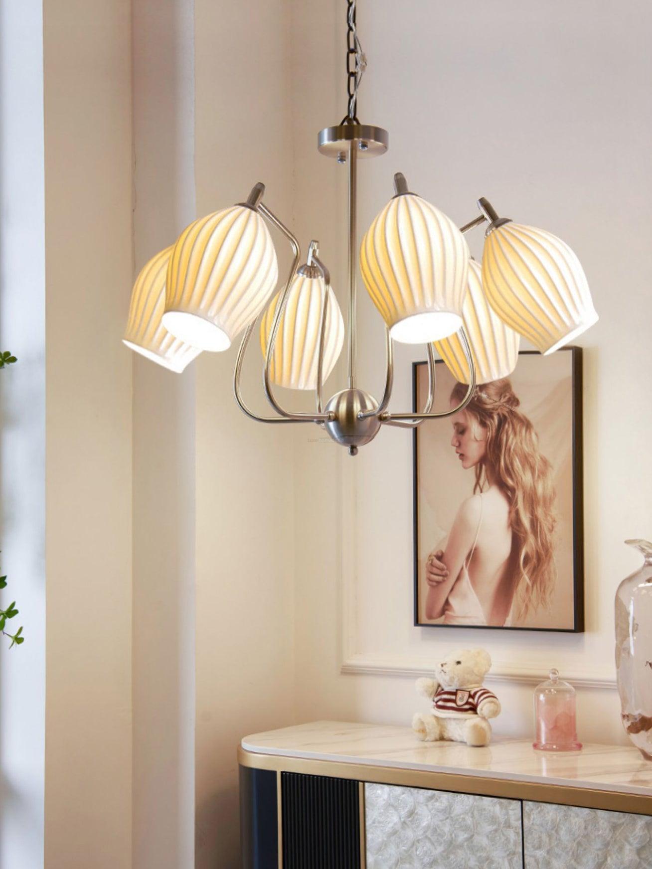 Ceramic Ribbed Chandelier with 4/6/8 heads - Flower Ceramic-1-Luxehomezone