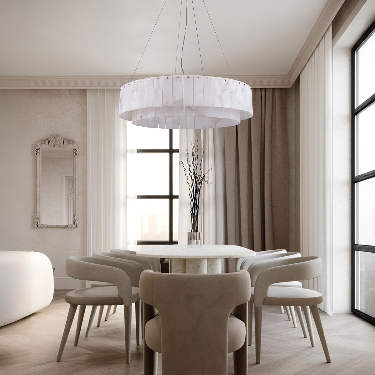Alabaster Round Chandelier, Modern Marble Dining Room Chandelier 31'' - Fast Delivery-1-Luxehomezone