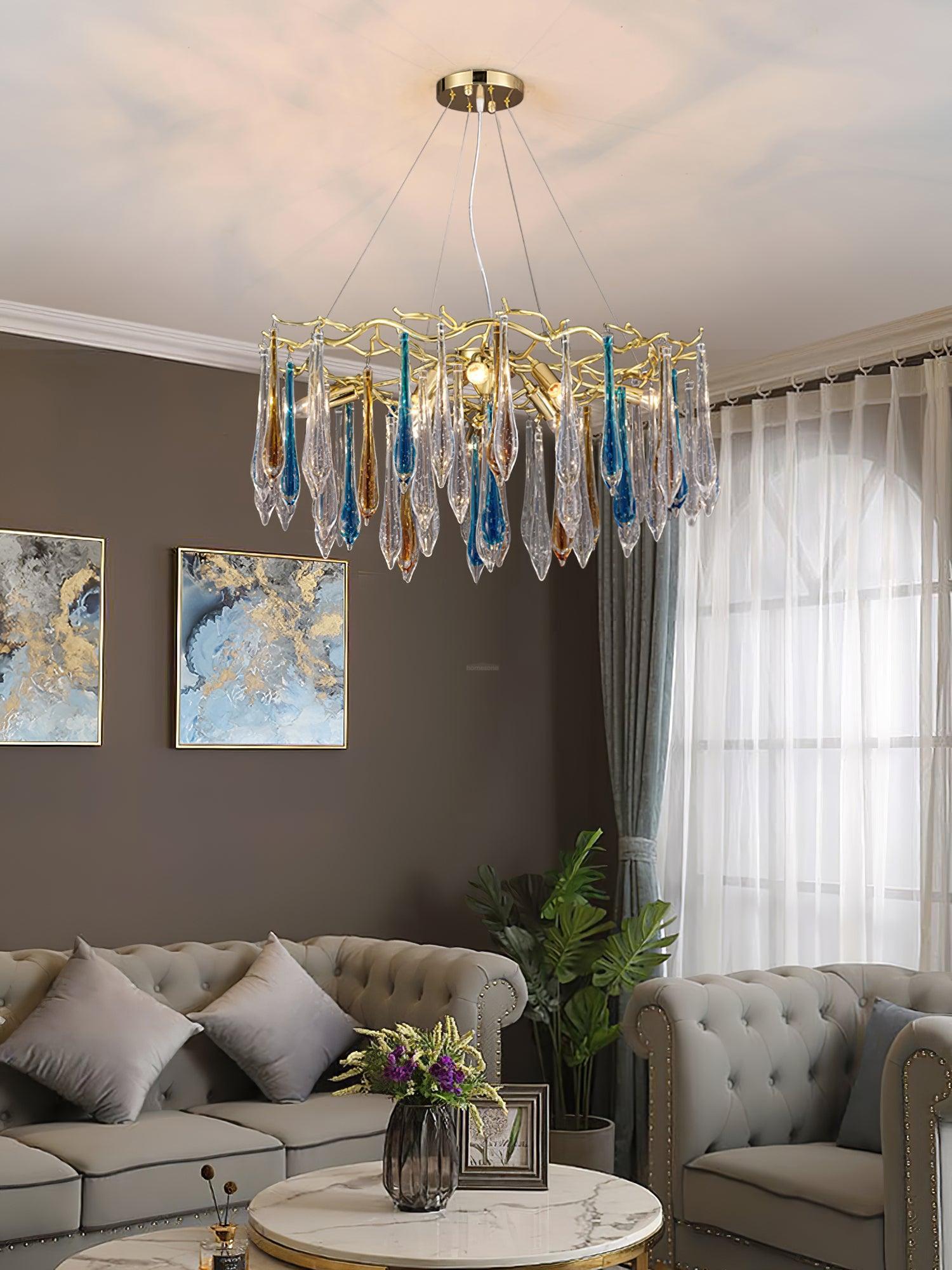 Gold Round Teardrop Style Chandelier - Branch, Crystals-1-Luxehomezone