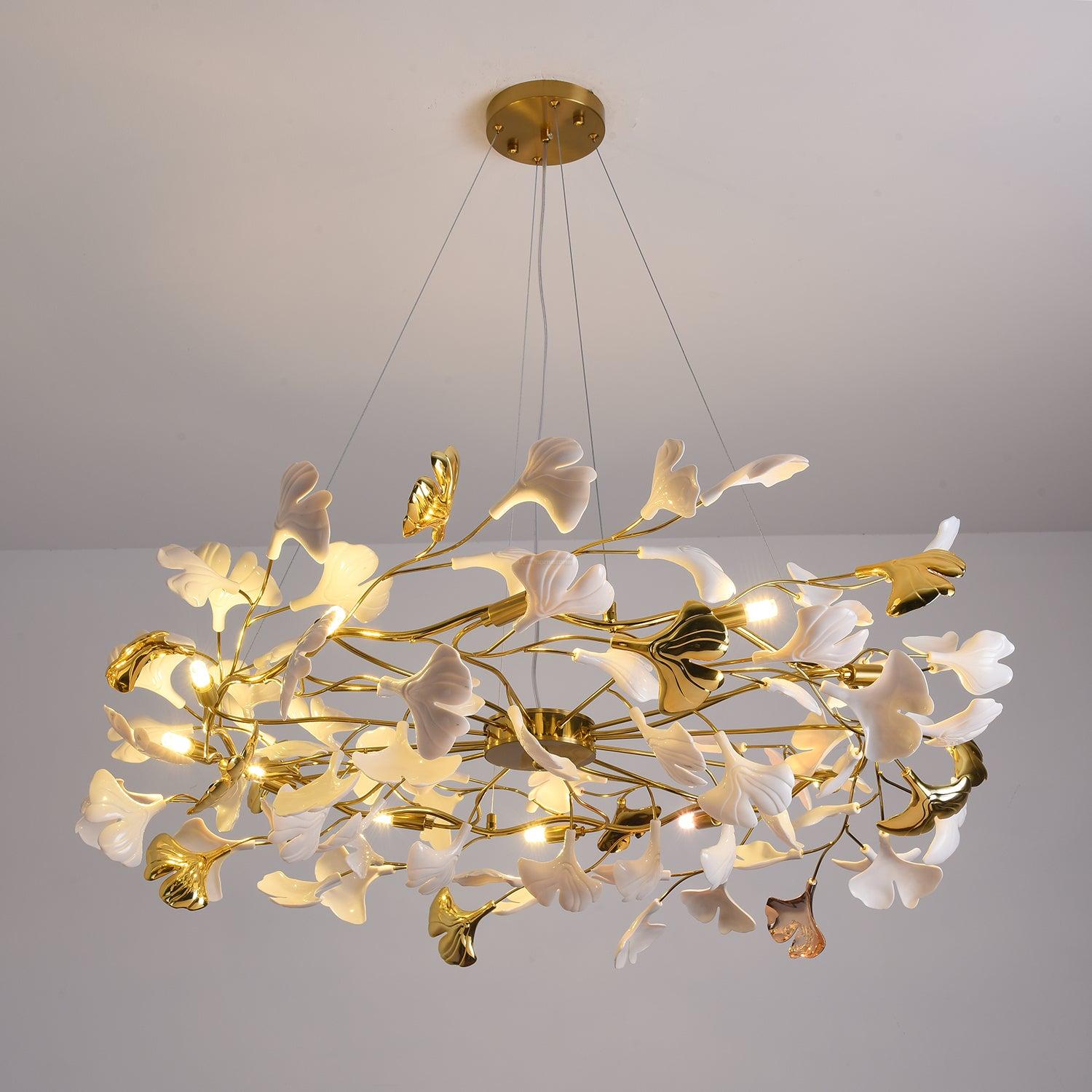 Gingko Chandelier Style P - Gingko, Gingko Chandelier, Gold & White-1-Luxehomezone