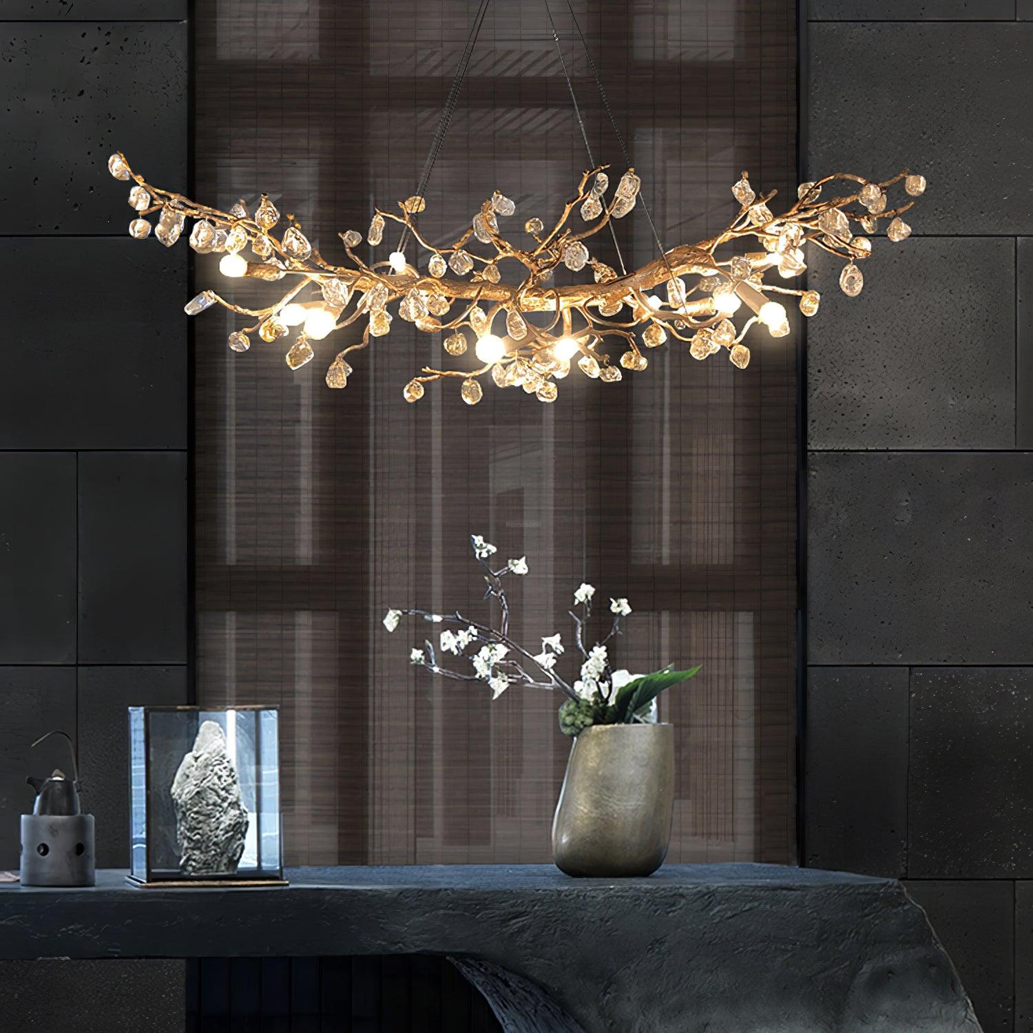 Stone Crystal Brass Chandelier  ∅ 5.1″ - Branch, Crystals-1-Luxehomezone