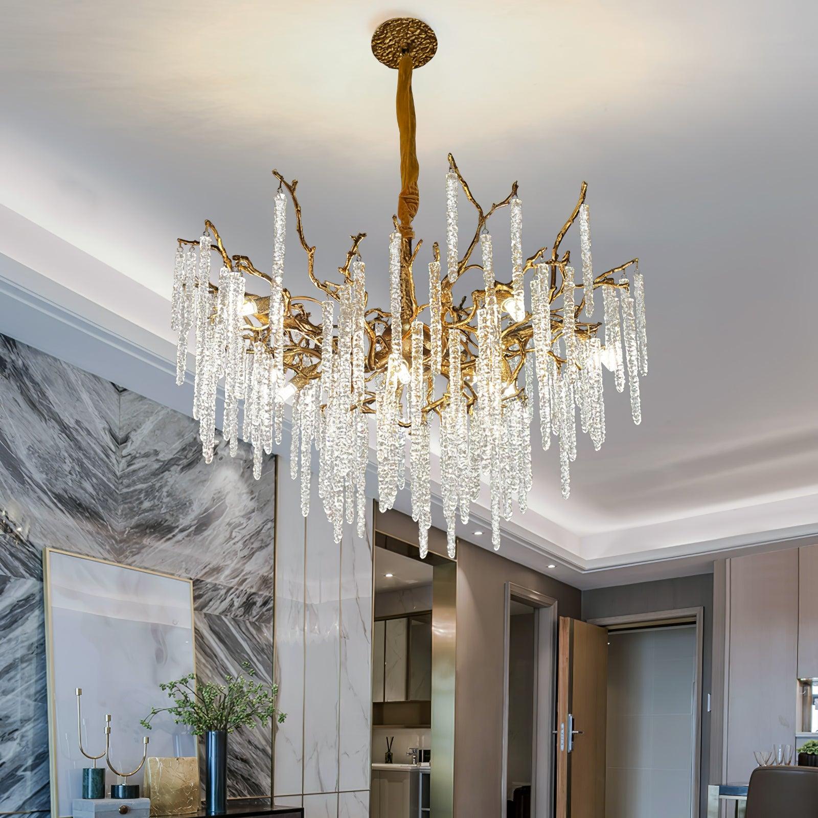 Crystal Icicles Branch Type Brass Chandelier - Branch, Crystals-1-Luxehomezone