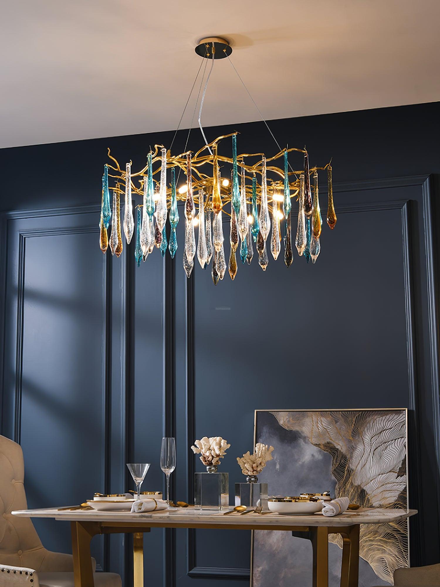 Gold Round Teardrop Style Chandelier - Branch, Crystals-1-Luxehomezone