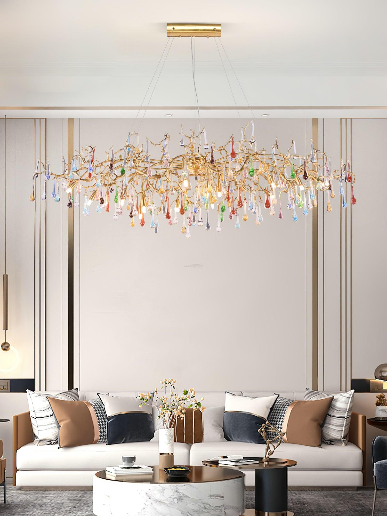 Colorful Teardrop Brass Branch Chandelier - Branch, Crystals-1-Luxehomezone