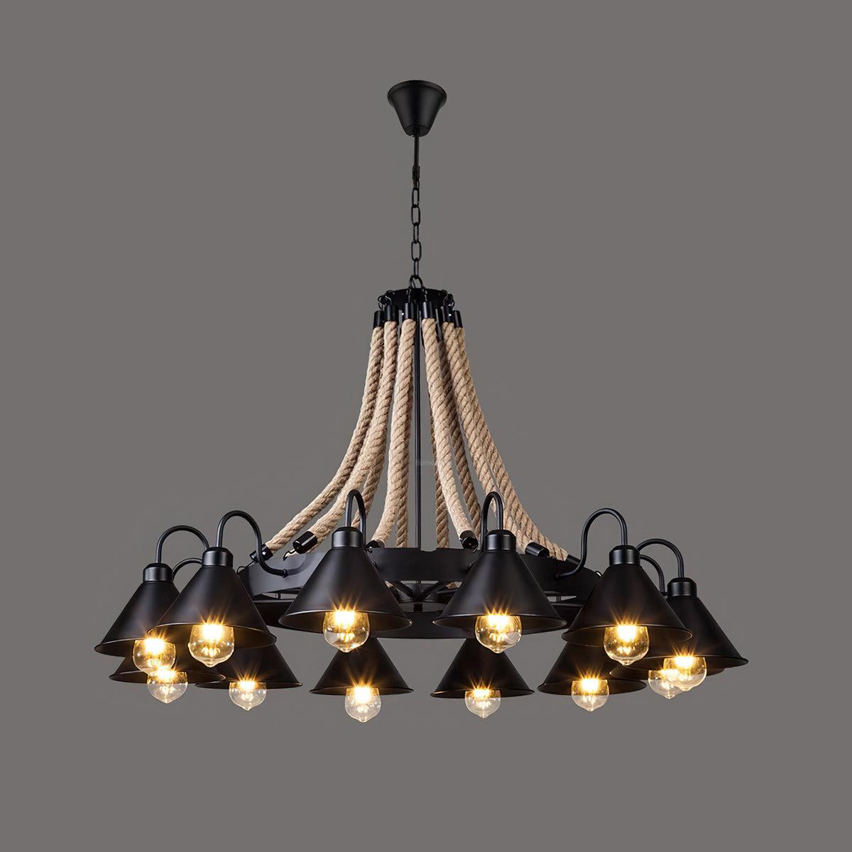 Hemp Rope Industrial Horn Chandelier with 6/8/12/16 heads - Hemp Rope-1-Luxehomezone