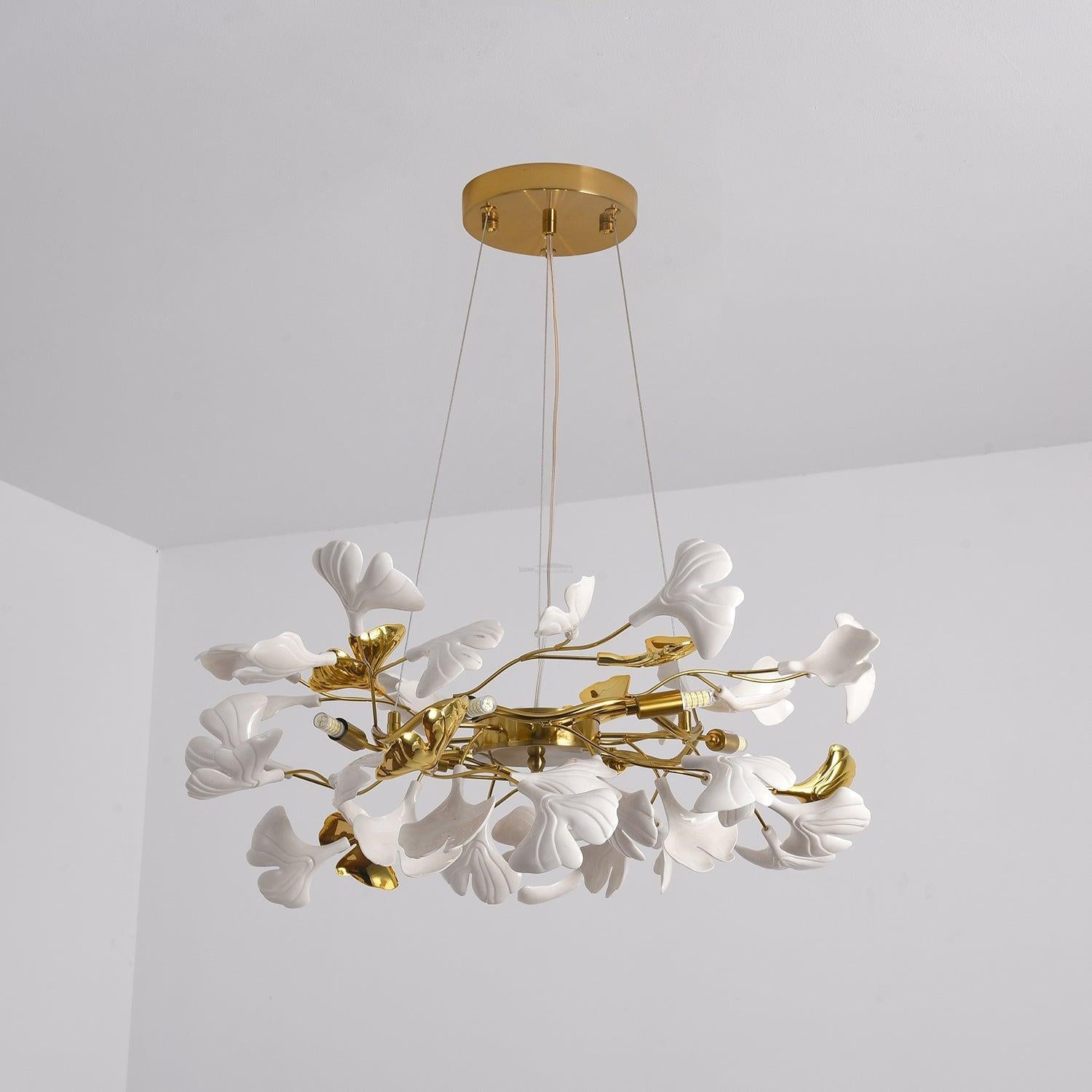 Gingko Chandelier Style P - Gingko, Gingko Chandelier, Gold & White-1-Luxehomezone