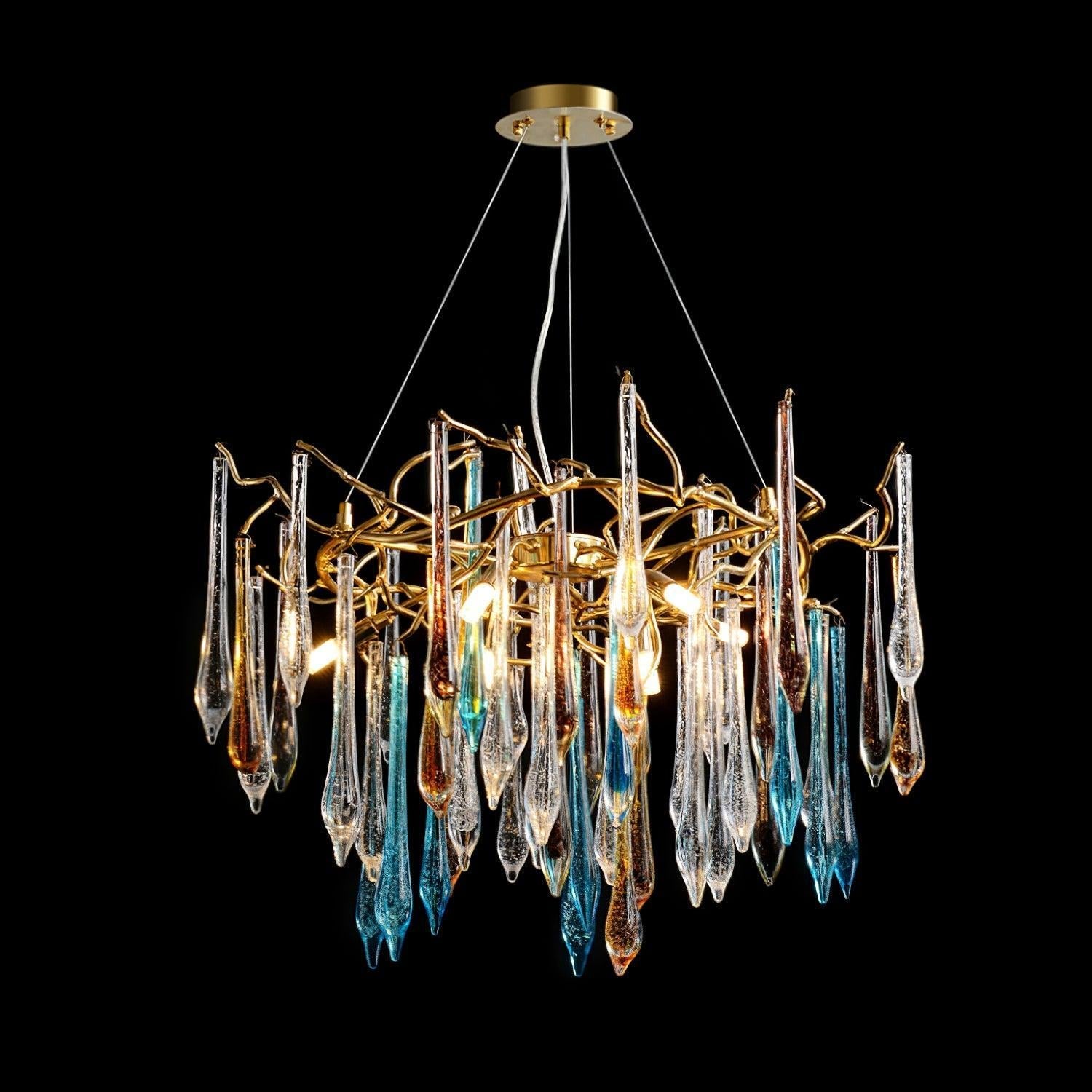 Gold Round Teardrop Style Chandelier - Branch, Crystals-1-Luxehomezone