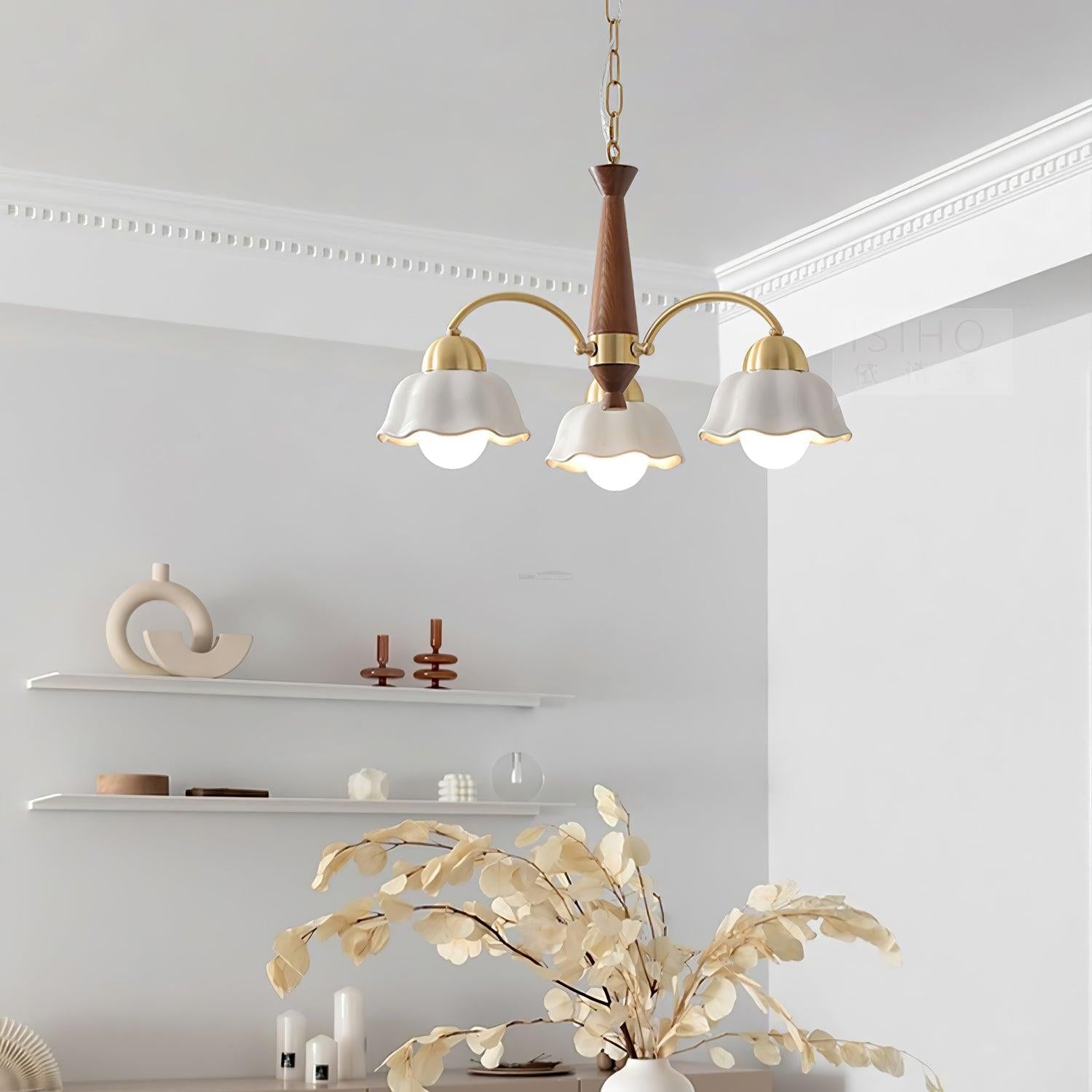 Swedish Modern Brass Chandelier with 3/5/6/8 heads - Flower Ceramic, Optimized-1-Luxehomezone