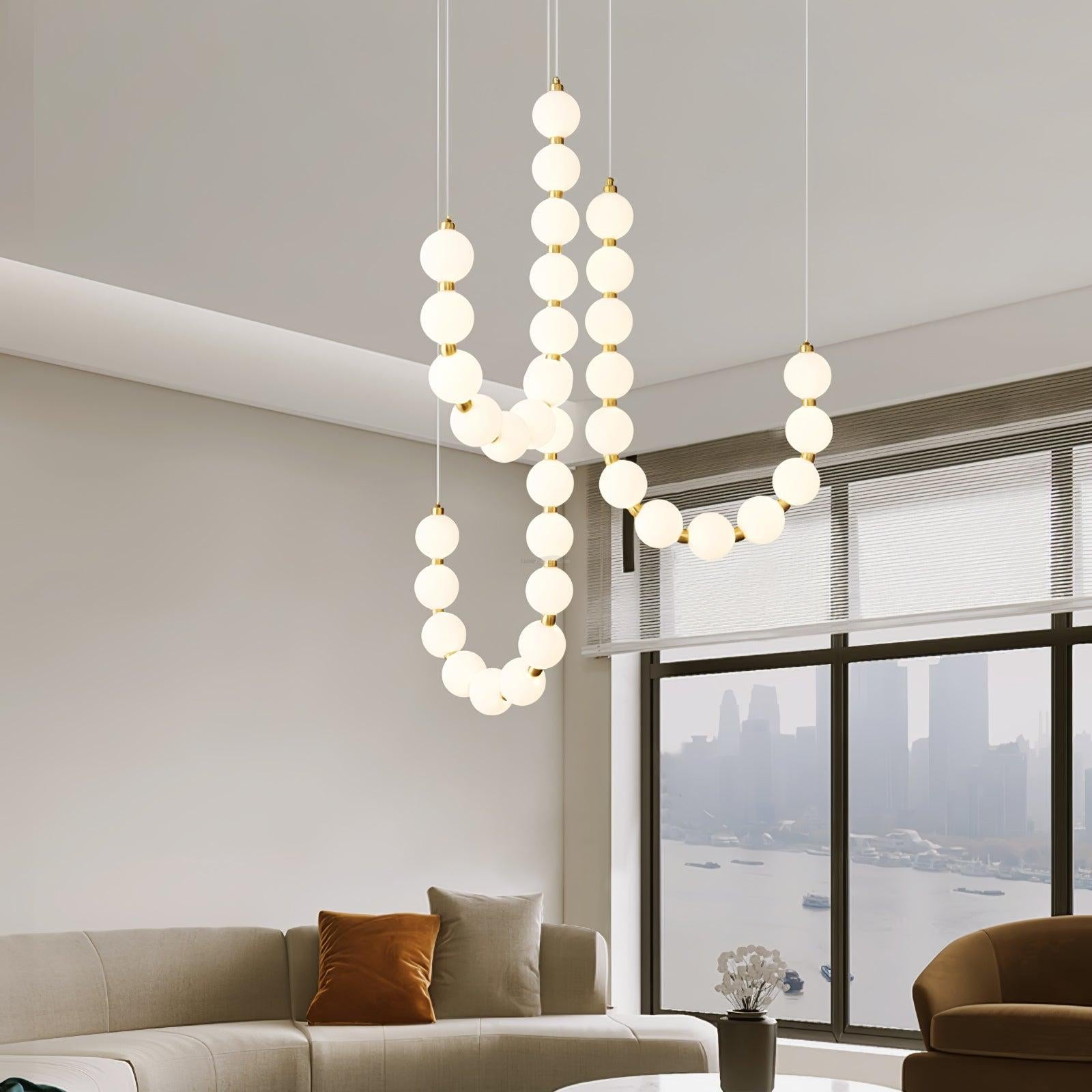 Acrylic Pearl Necklace Style Chandelier - Brass & White, Cluster-1-Luxehomezone
