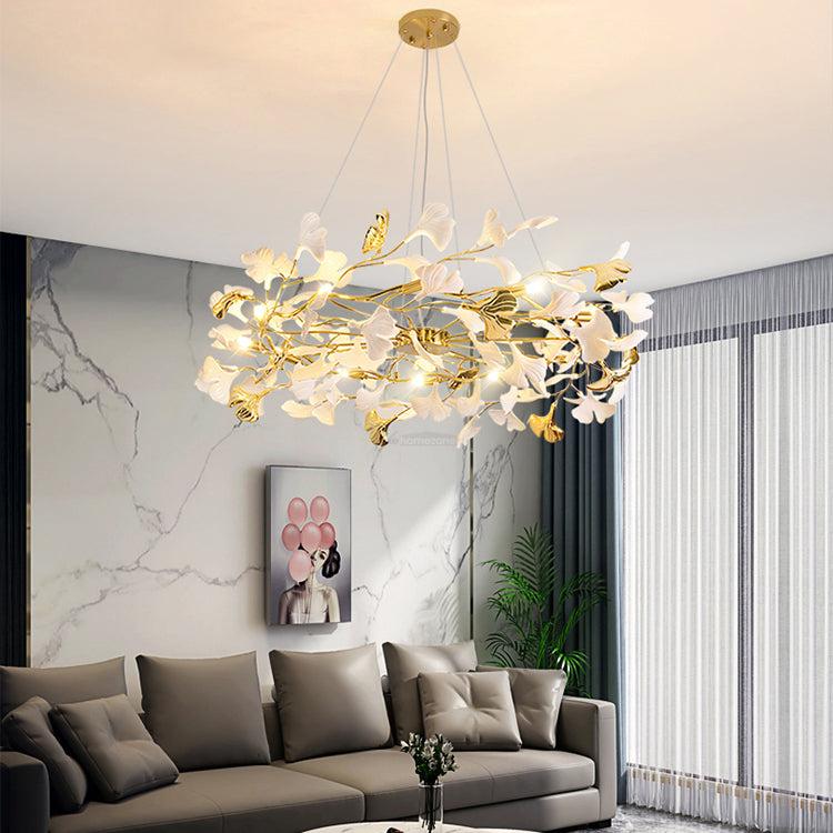 Gingko Chandelier Style P - Gingko, Gingko Chandelier, Gold & White-1-Luxehomezone