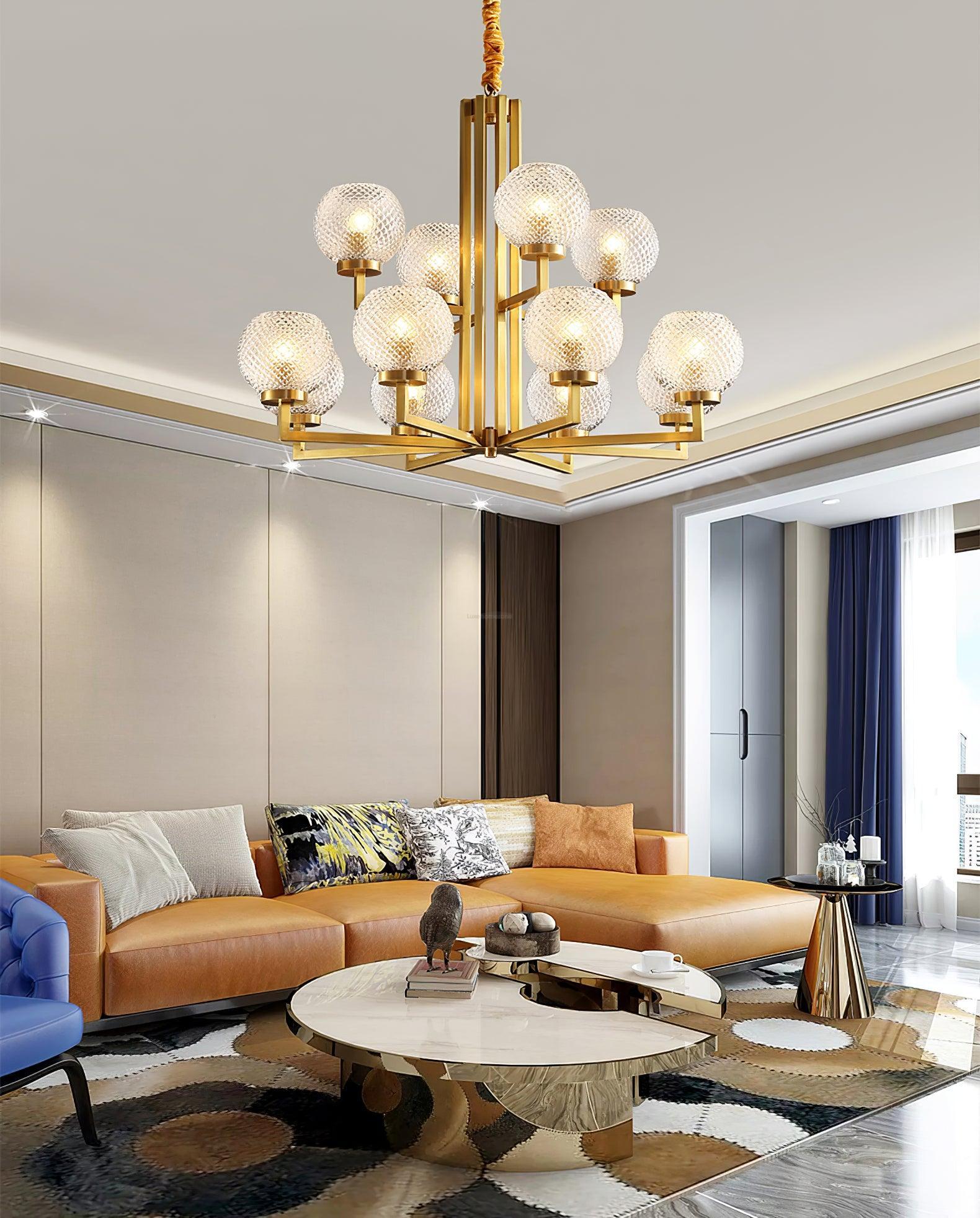 Ribbed Glass Brass Chandelier Φ 27.6″ - Cylinder-1-Luxehomezone