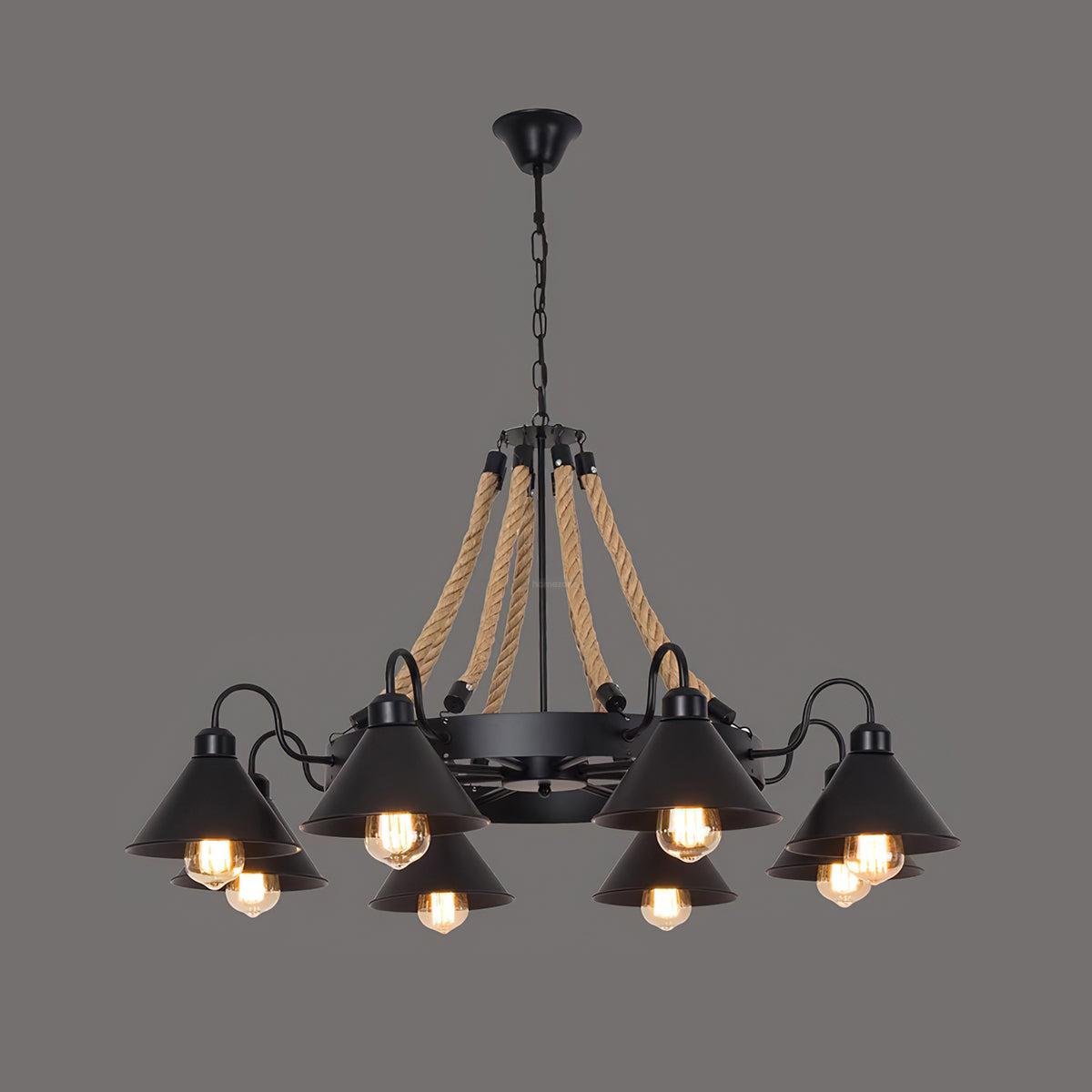 Hemp Rope Industrial Horn Chandelier with 6/8/12/16 heads - Hemp Rope-1-Luxehomezone