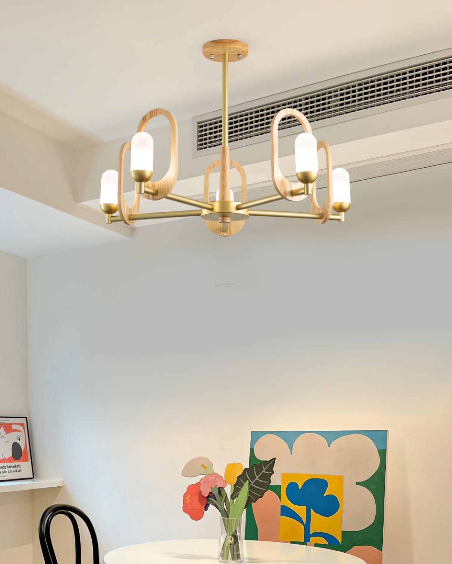 Wood Art Halo Chandelier with 3/5 heads - Wood, Wood Color & Gold-1-Luxehomezone