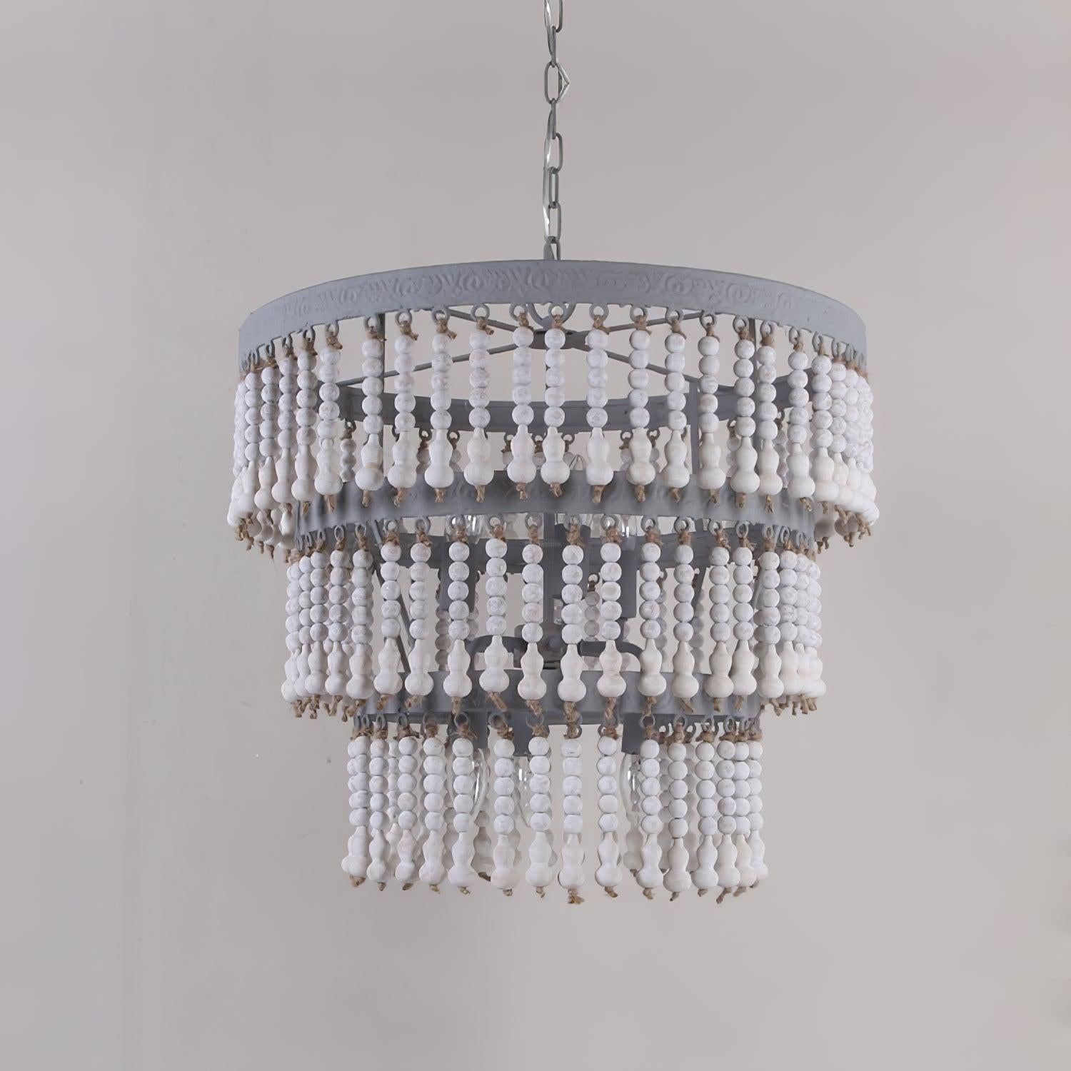 Three Tiered Wood Beaded Chandelier Φ 21.7″ - Wooden Beads-1-Luxehomezone